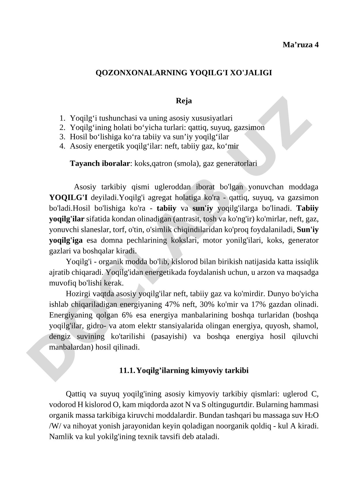 Yoqilg'i tushunchasi, turlari va asosiy energetik yoqilg'ilar haqida