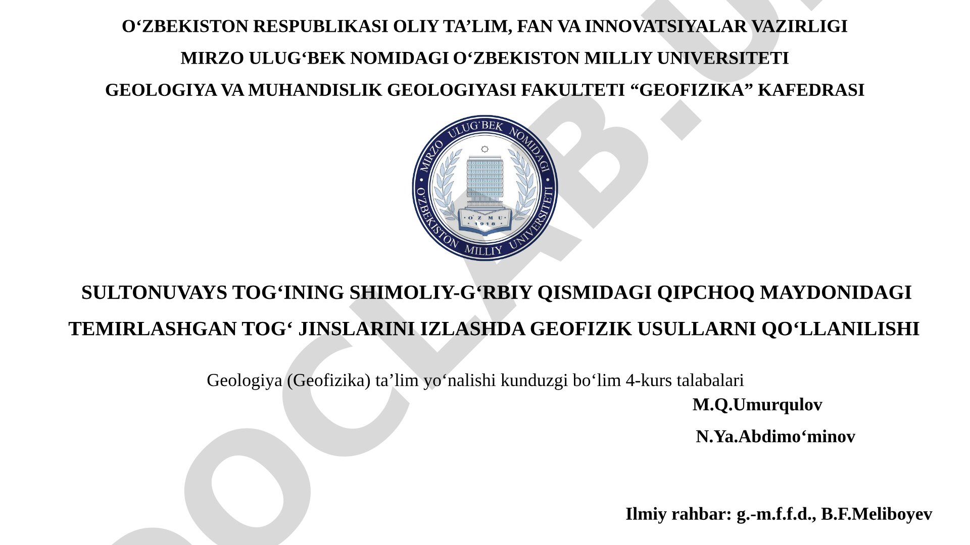 Sultonuvays tog'ining shimoliy-g'arbiy qismidagi Qipchoq maydonidagi temirlashgan tog' jinslarini izlashda geofizik usullarni qo'llanilishi