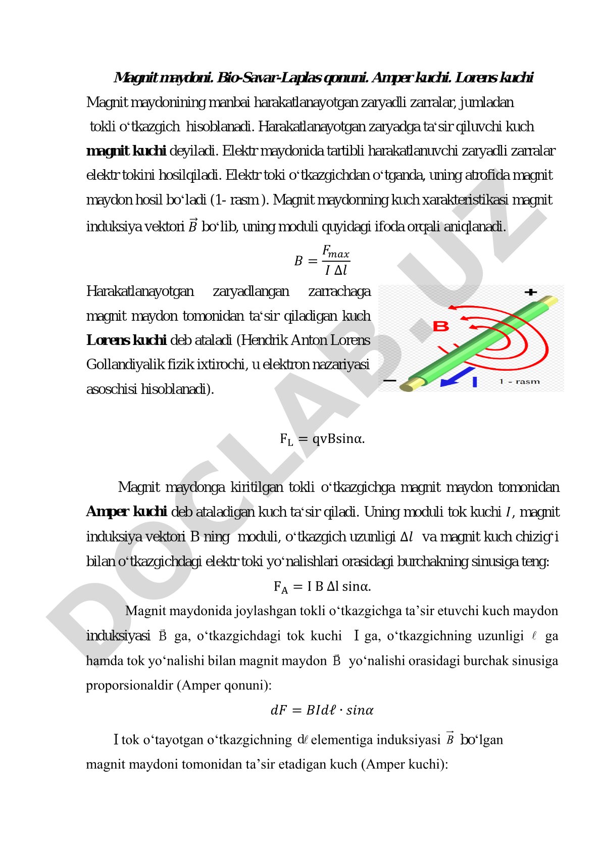 Magnit maydoni: Bio-Savar-Laplas qonuni, Amper va Lorens kuchlari