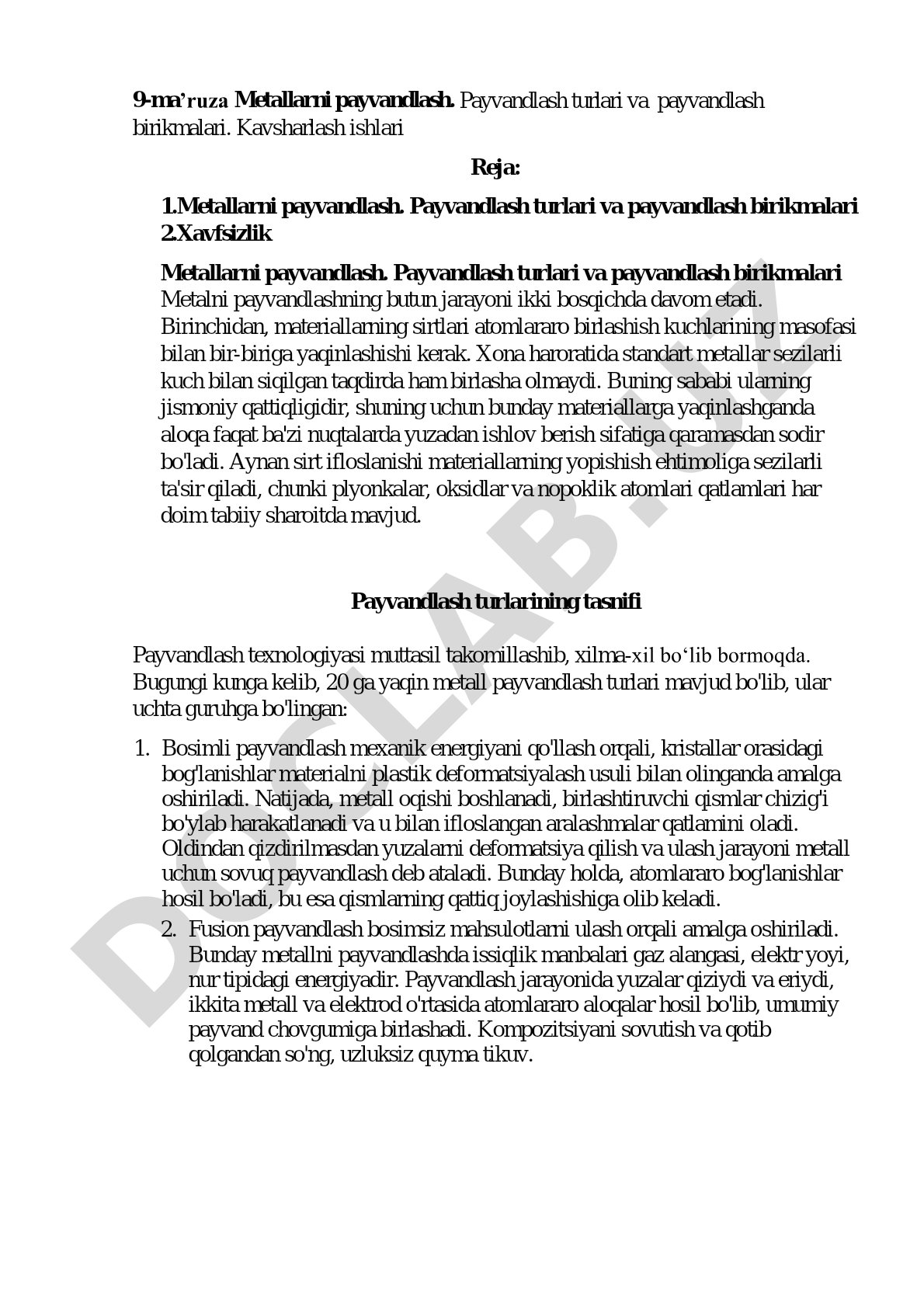 Metallarni payvandlash turlari, birikmalari va kavsharlash ishlari