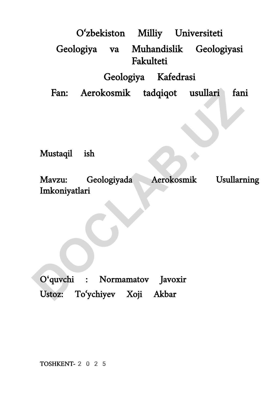 Geologiyada Aerokosmik Usullarning Imkoniyatlari