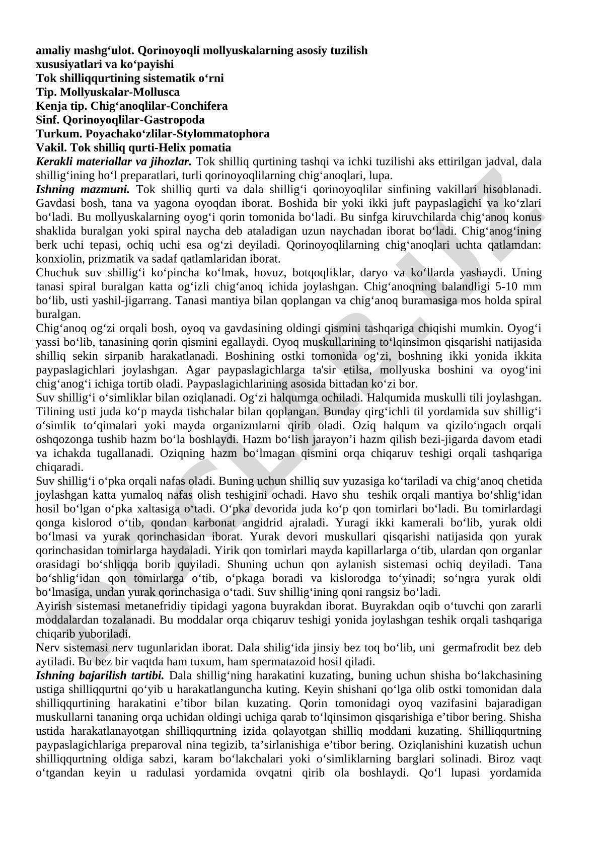 Qorinoyoqli mollyuskalarning tuzilish xususiyatlari va ko'payishi Tok shilliqqurtining sistematik o'rni