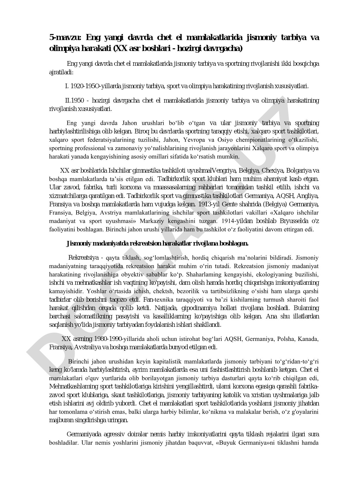 Eng yangi davrda chet el mamlakatlarida jismoniy tarbiya va olimpiya harakati (XX asr boshlari - hozirgi davrgacha)
