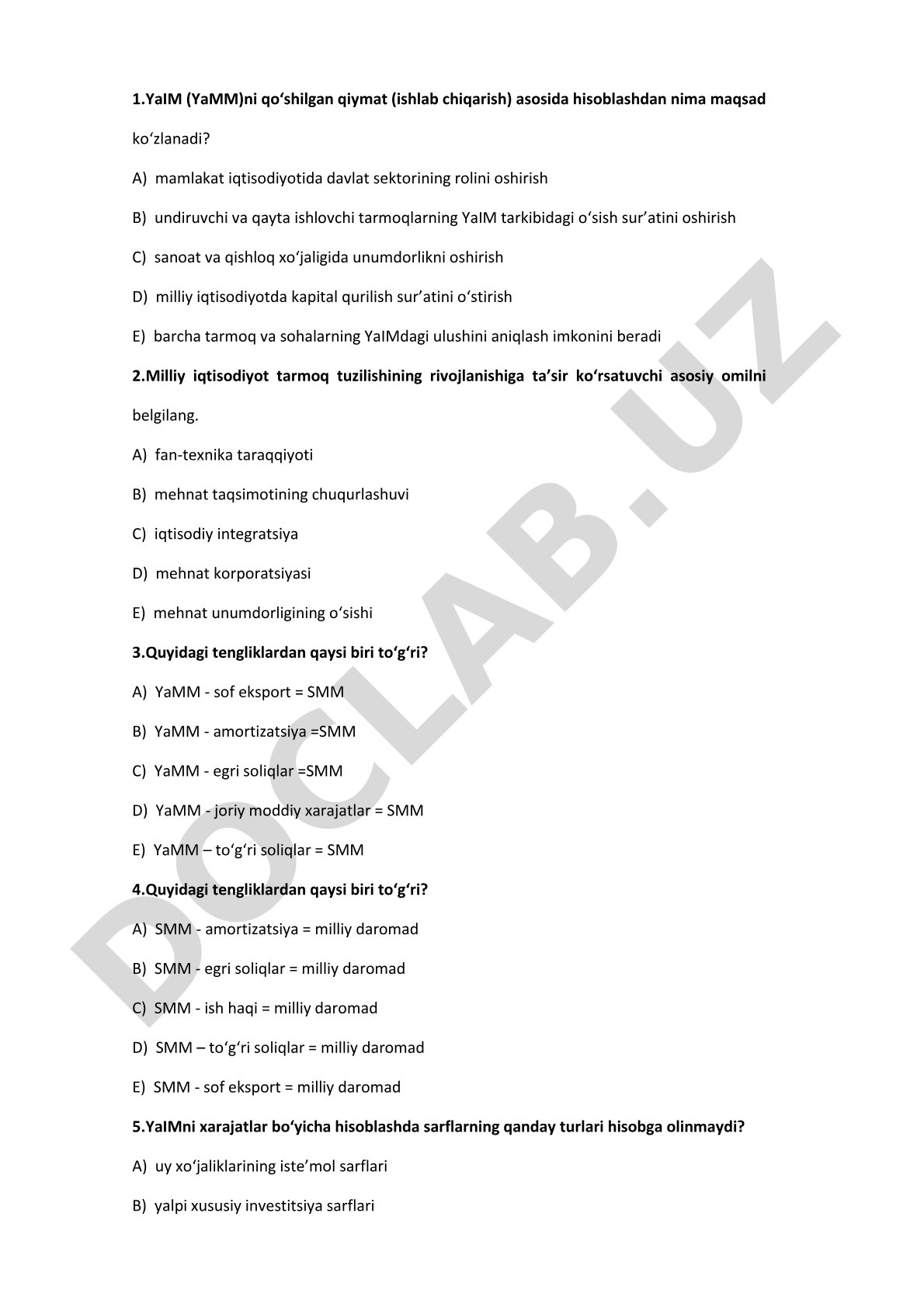 Milliy hisoblar tizimi test savollari