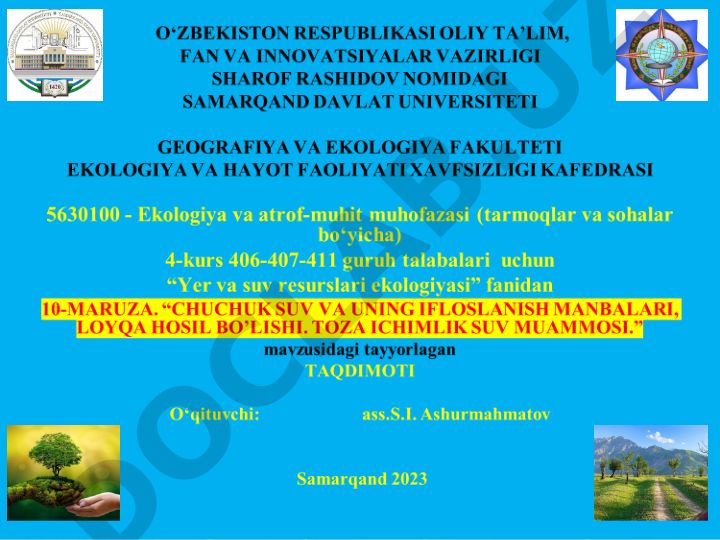 Suv resurslarining ahamiyati, ifloslanish sabablari va tozalash usullari