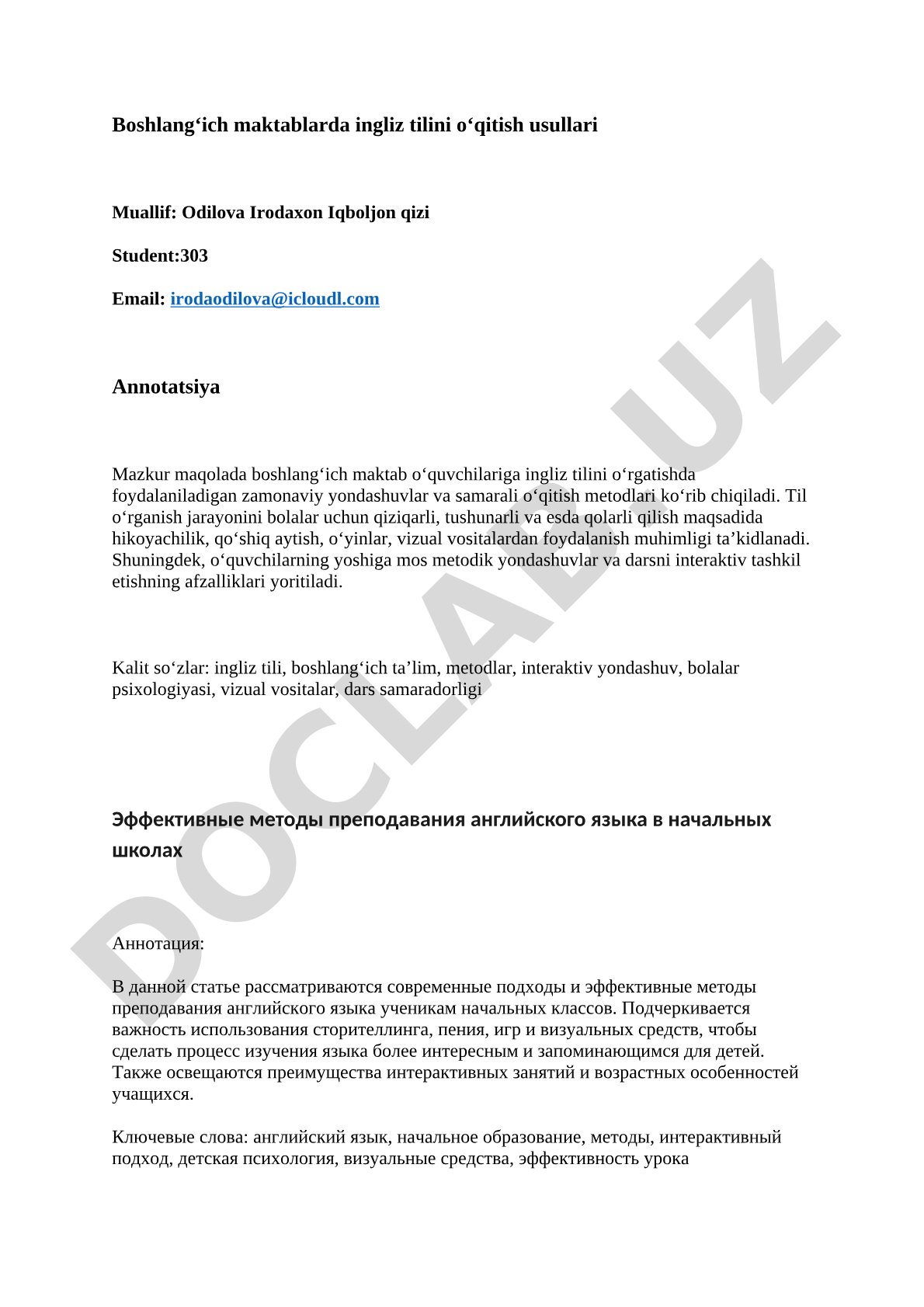 Boshlang‘ich maktablarda ingliz tilini o‘qitish usullari