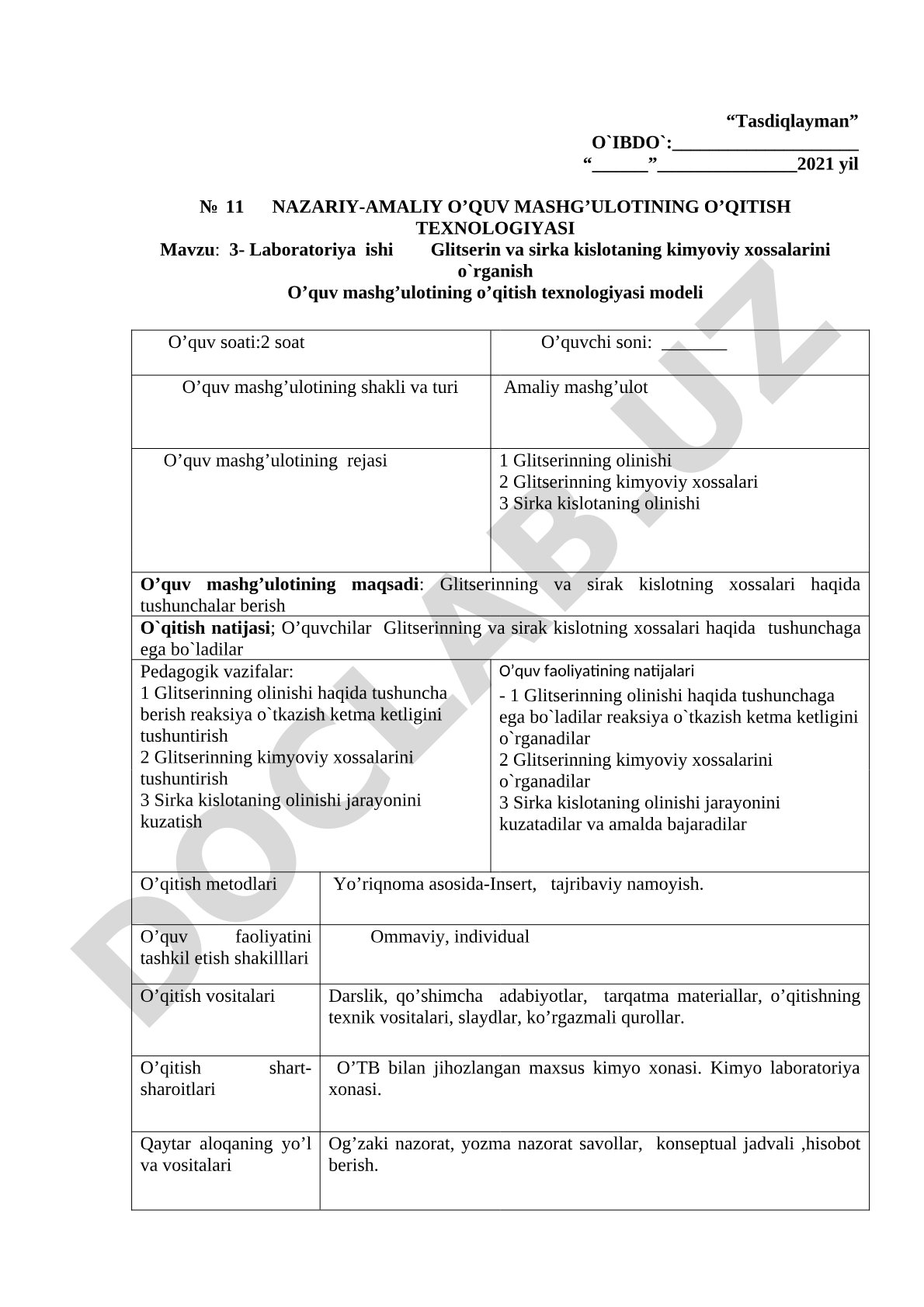 3- Laboratoriya ishi Glitserin va sirka kislotaning kimyoviy xossalarini o'rganish