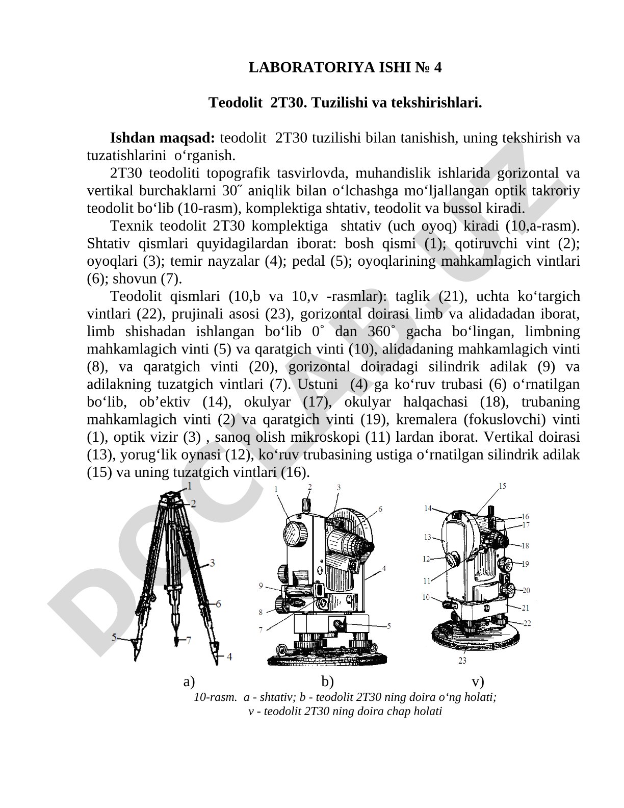 Teodolit 2T30 tuzilishi va tekshirishlari