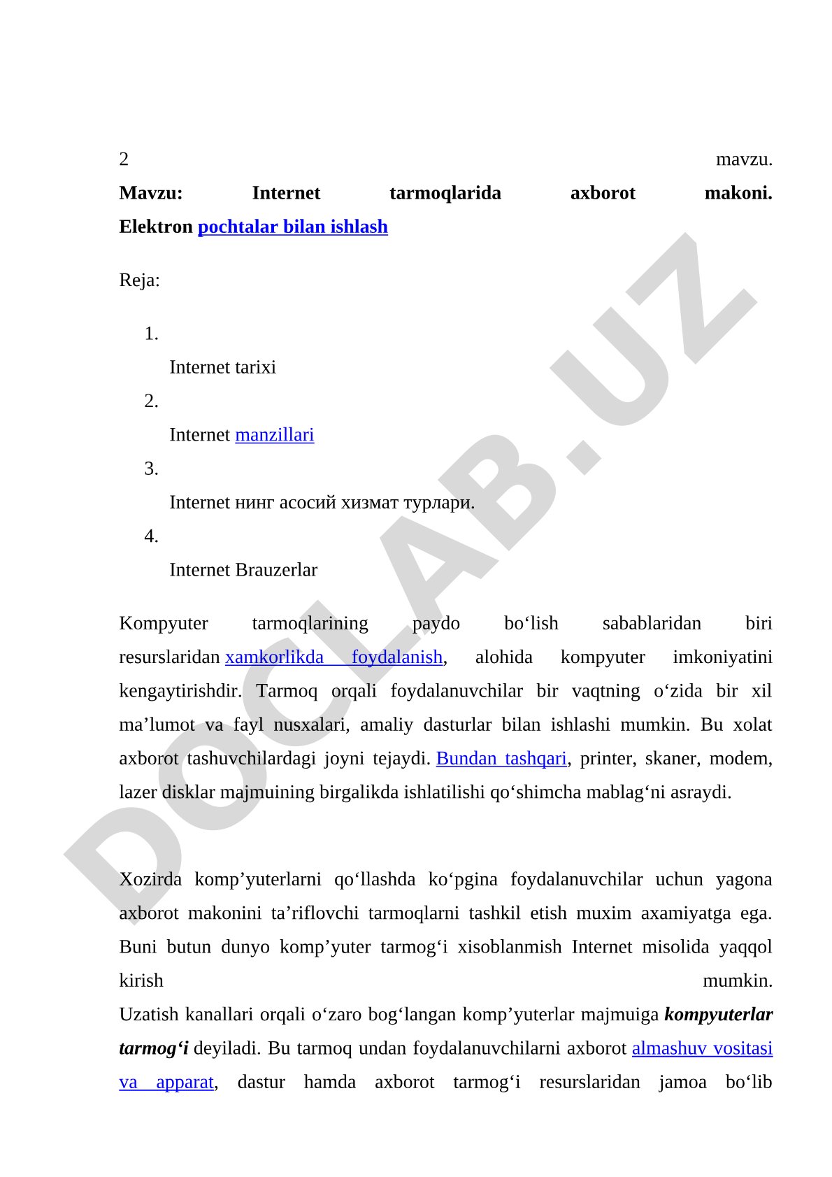 Internet tarmoqlarida axborot makoni. Elektron pochtalar bilan ishlash