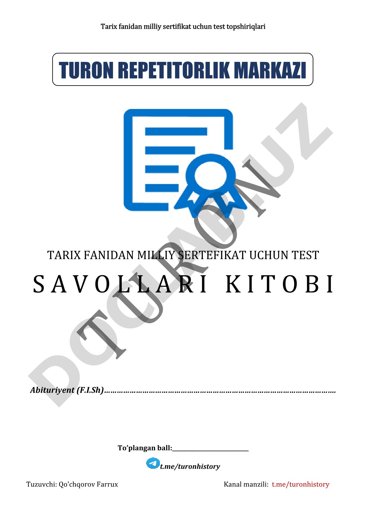 Tarix fanidan milliy sertifikat uchun test topshiriqlari