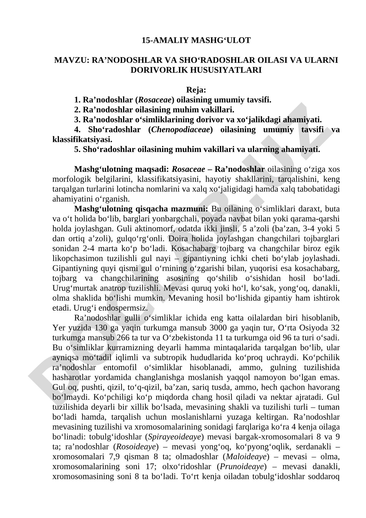 RA’NODOSHLAR VA SHO’RADOSHLAR OILASI VA ULARNI DORIVORLIK HUSUSIYATLARI