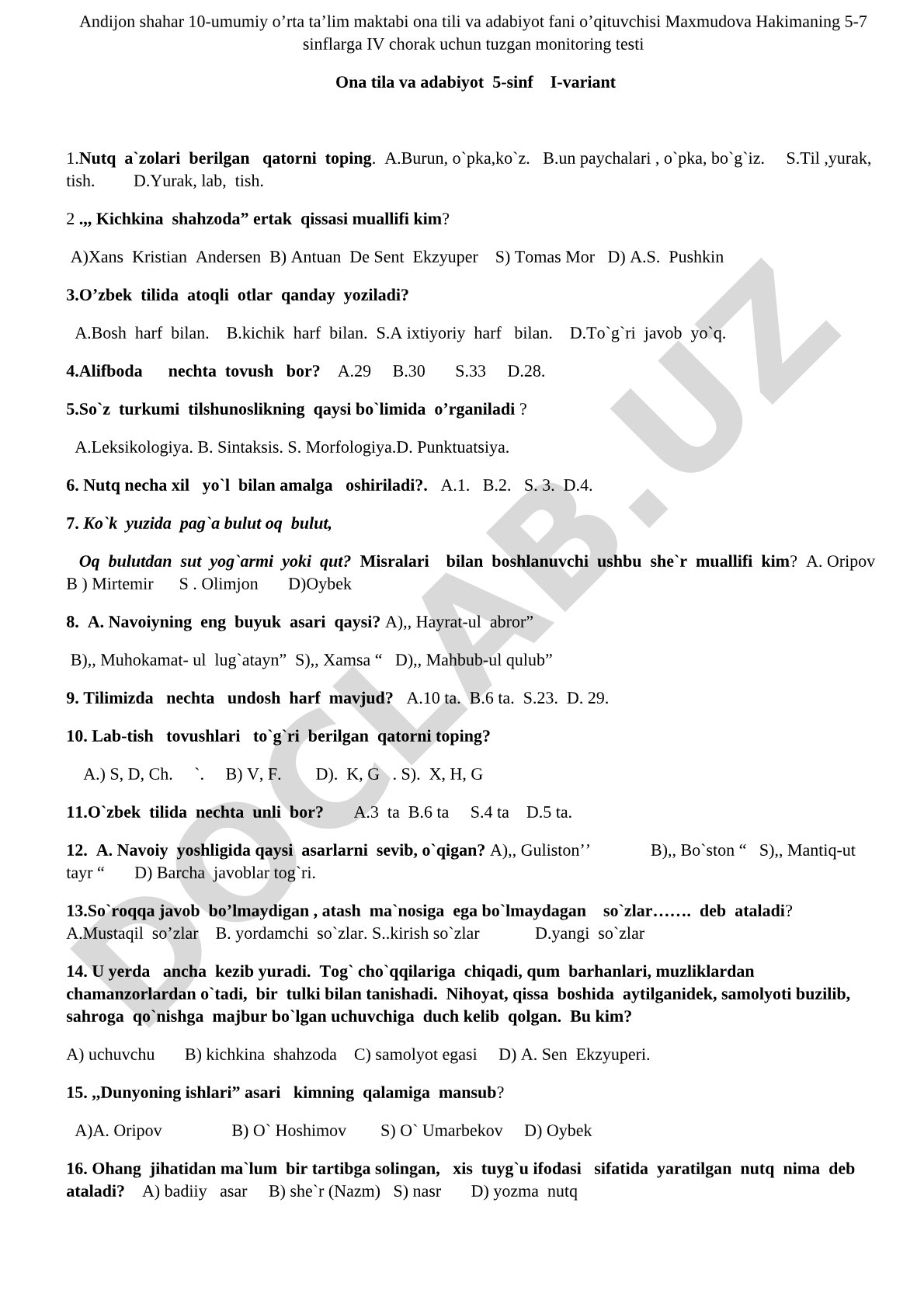 Ona tila va adabiyot 5-sinf I-variant