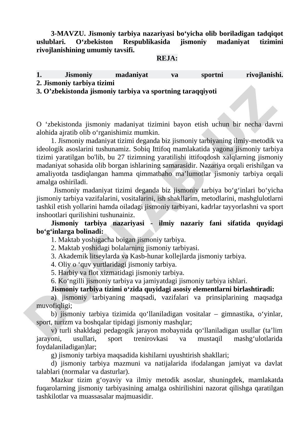 Jismoniy tarbiya nazariyasi tadqiqot uslublari va O'zbekiston jismoniy madaniyat tizimi