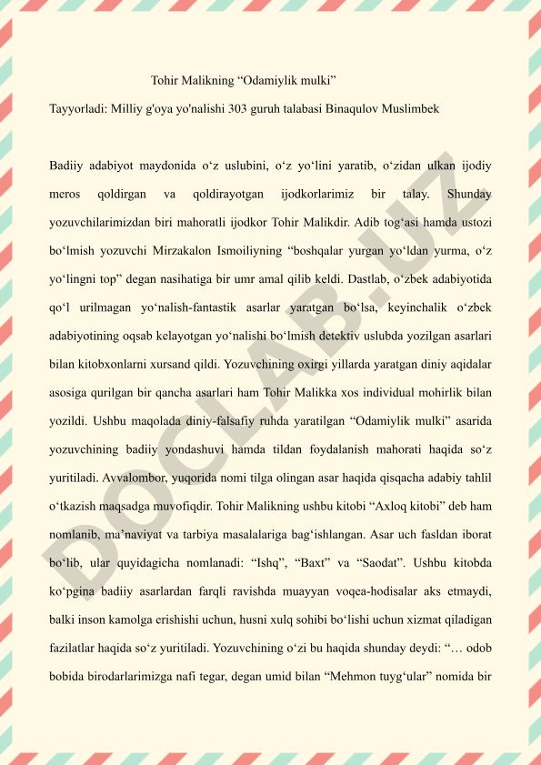 Tohir Malikning “Odamiylik mulki” asarining badiiy tahlili