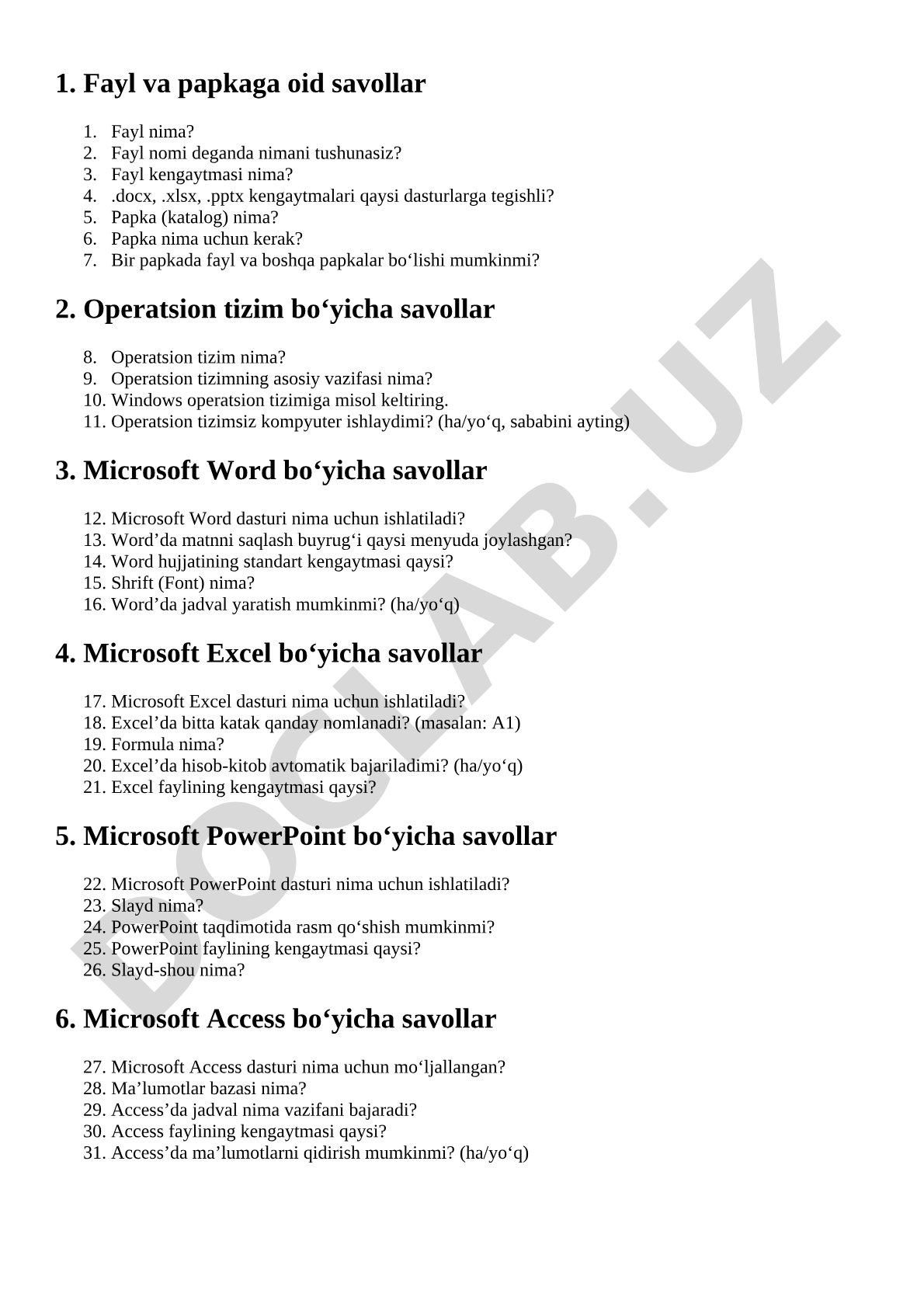 Fayl, operatsion tizim, Microsoft Word, Excel va PowerPoint savollari