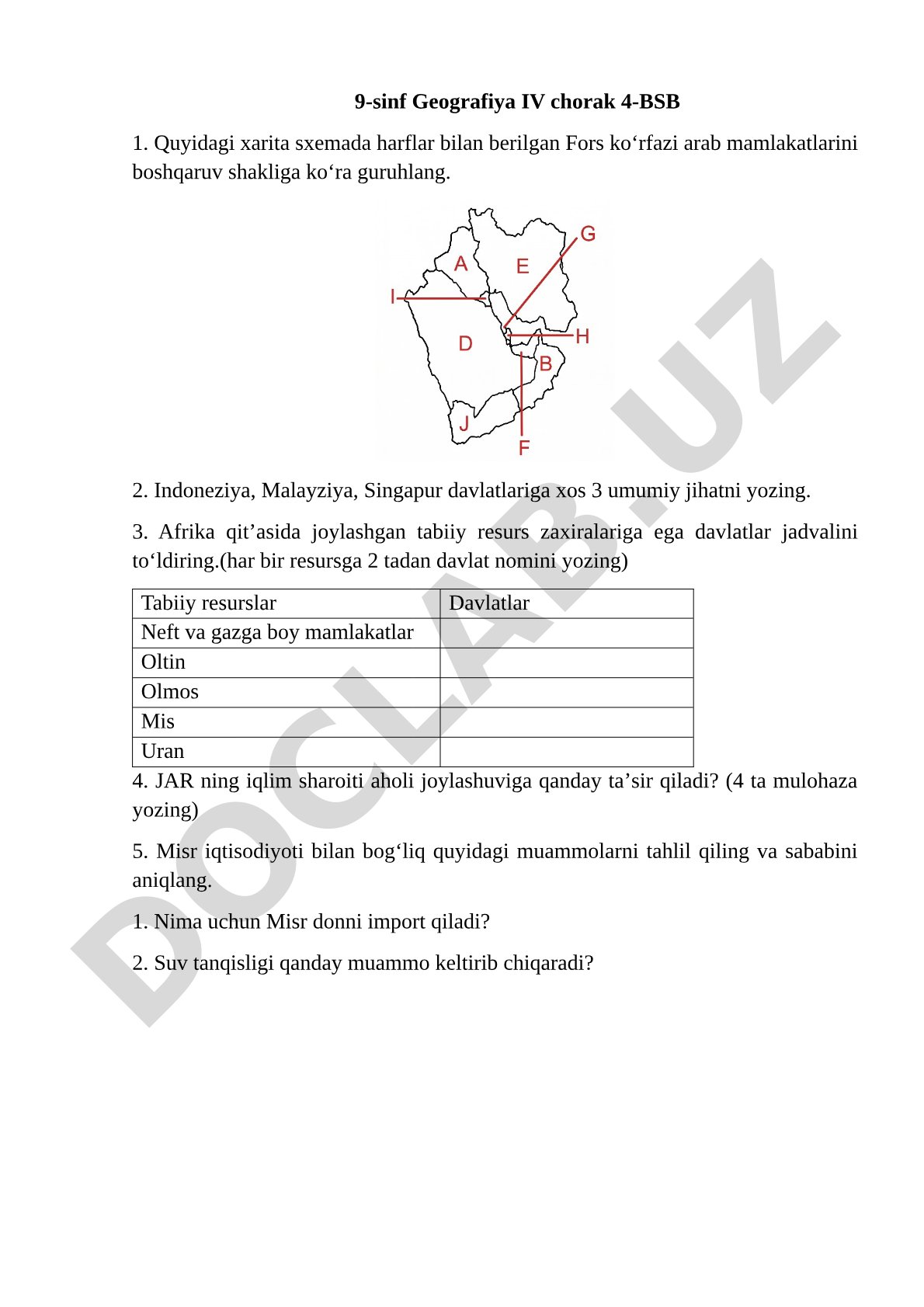 Geografiya 4-BSB test savollari (9-sinf)