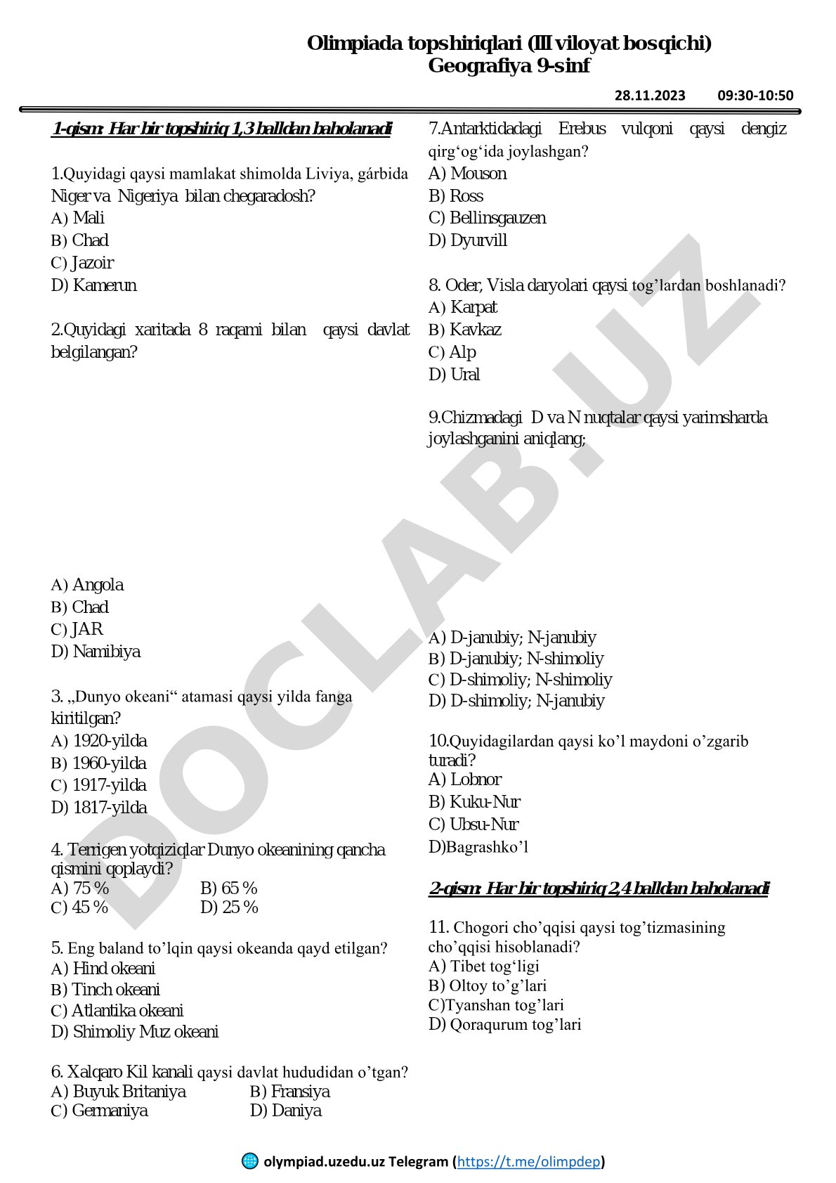 Olimpiada topshiriqlari (III viloyat bosqichi) Geografiya 9-sinf