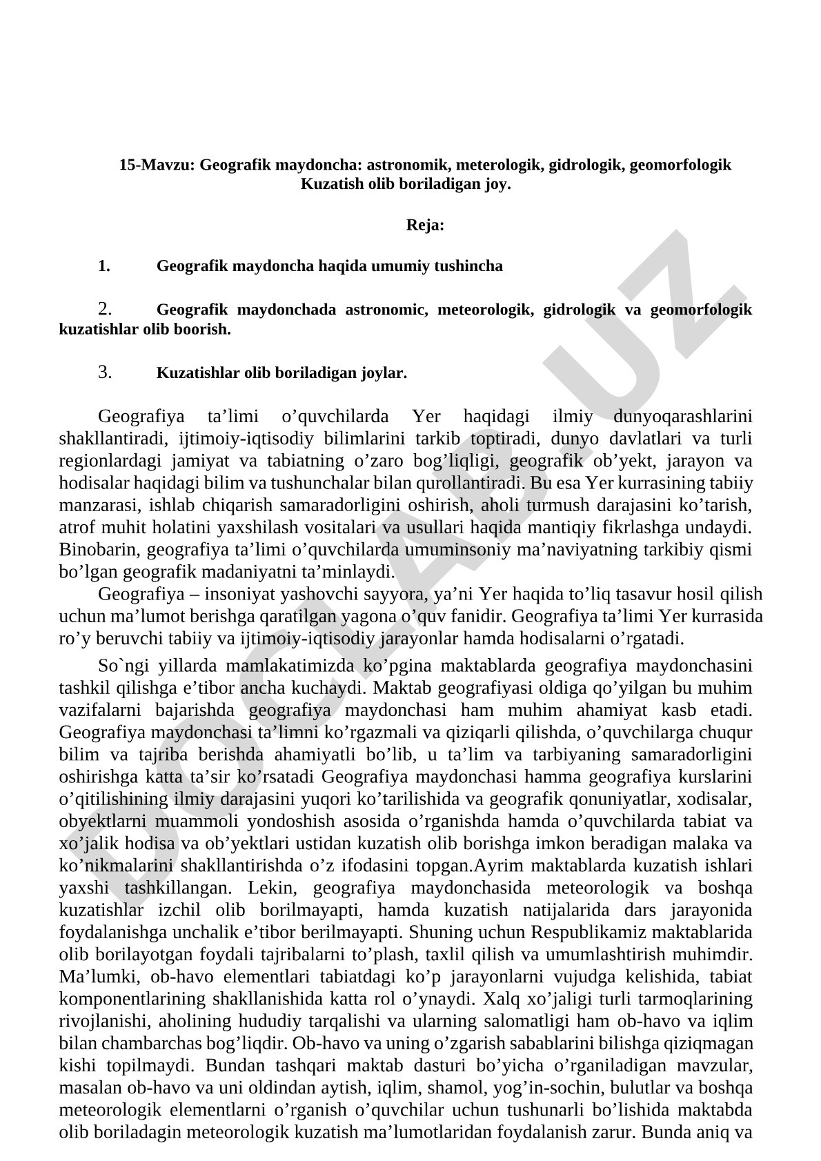 Geografik maydoncha: astronomik, meterologik, gidrologik, geomorfologik Kuzatish olib boriladigan joy