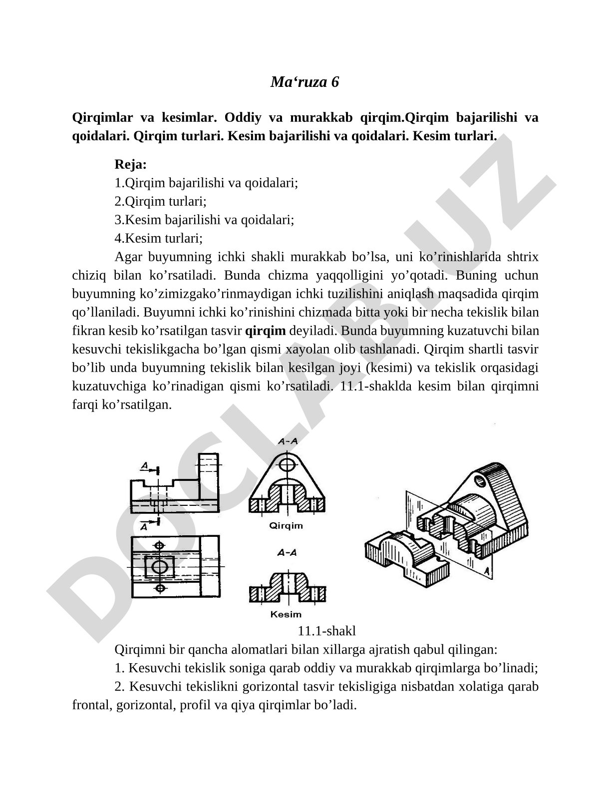 Oddiy va murakkab qirqimlar hamda kesim turlari