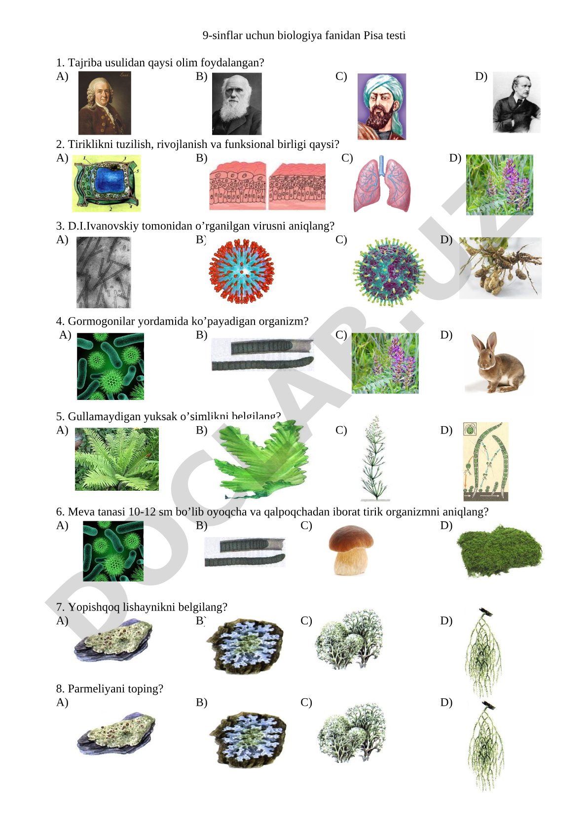 Biologiya fanidan 9-sinf PISA testi