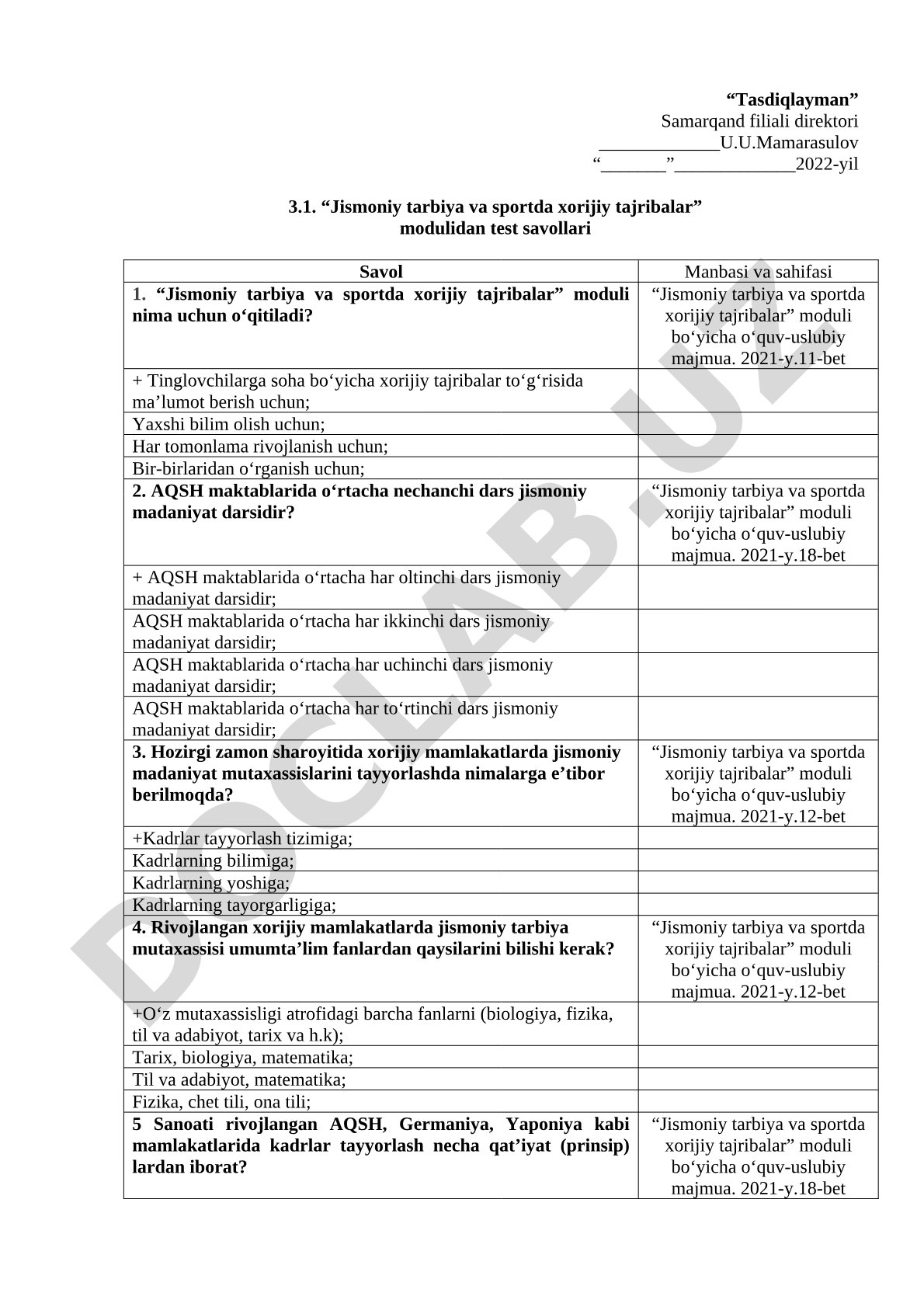 Jismoniy tarbiya va sportda xorijiy tajribalar modulidan test savollari