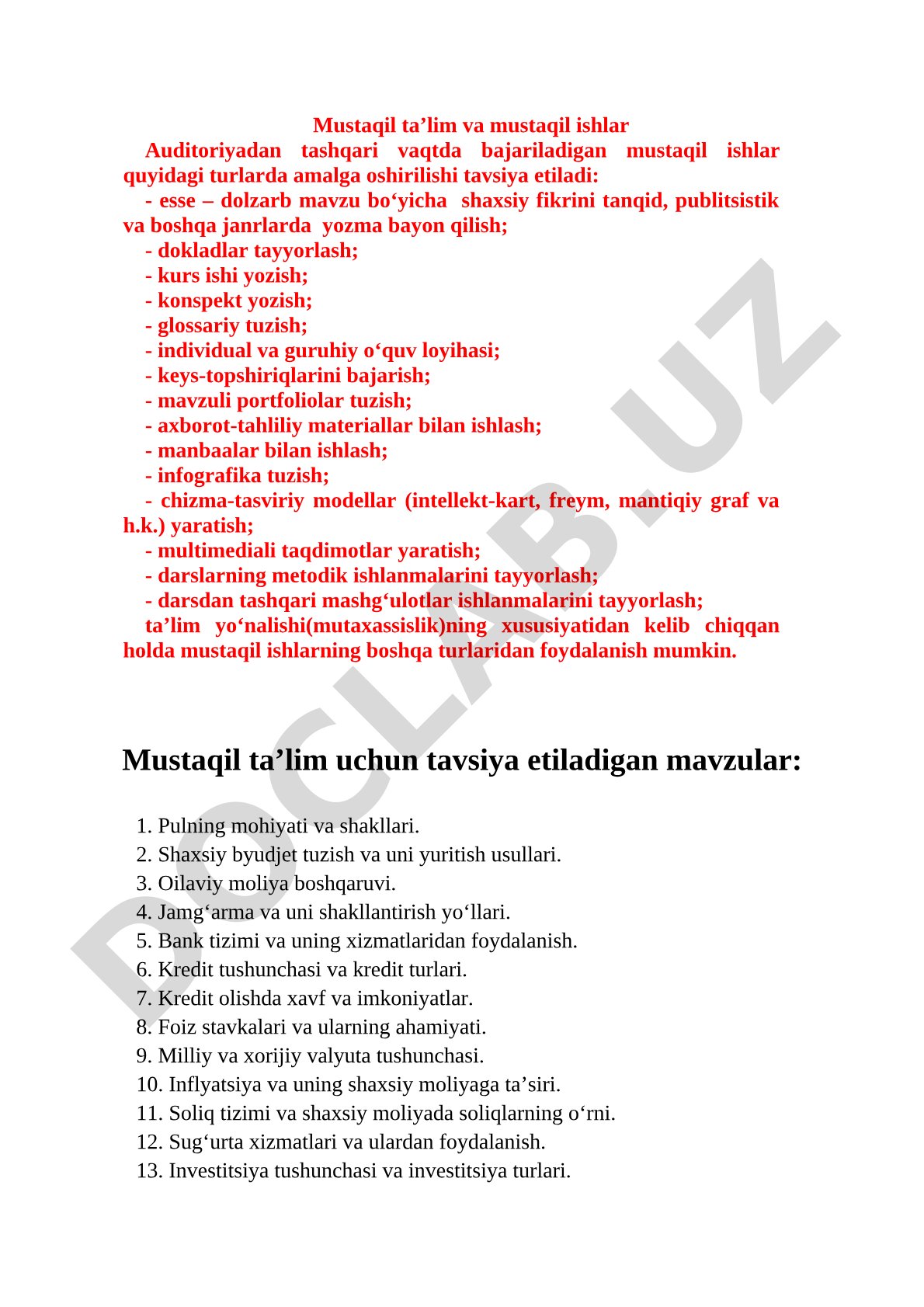 Mustaqil ta'lim va mustaqil ishlar turlari