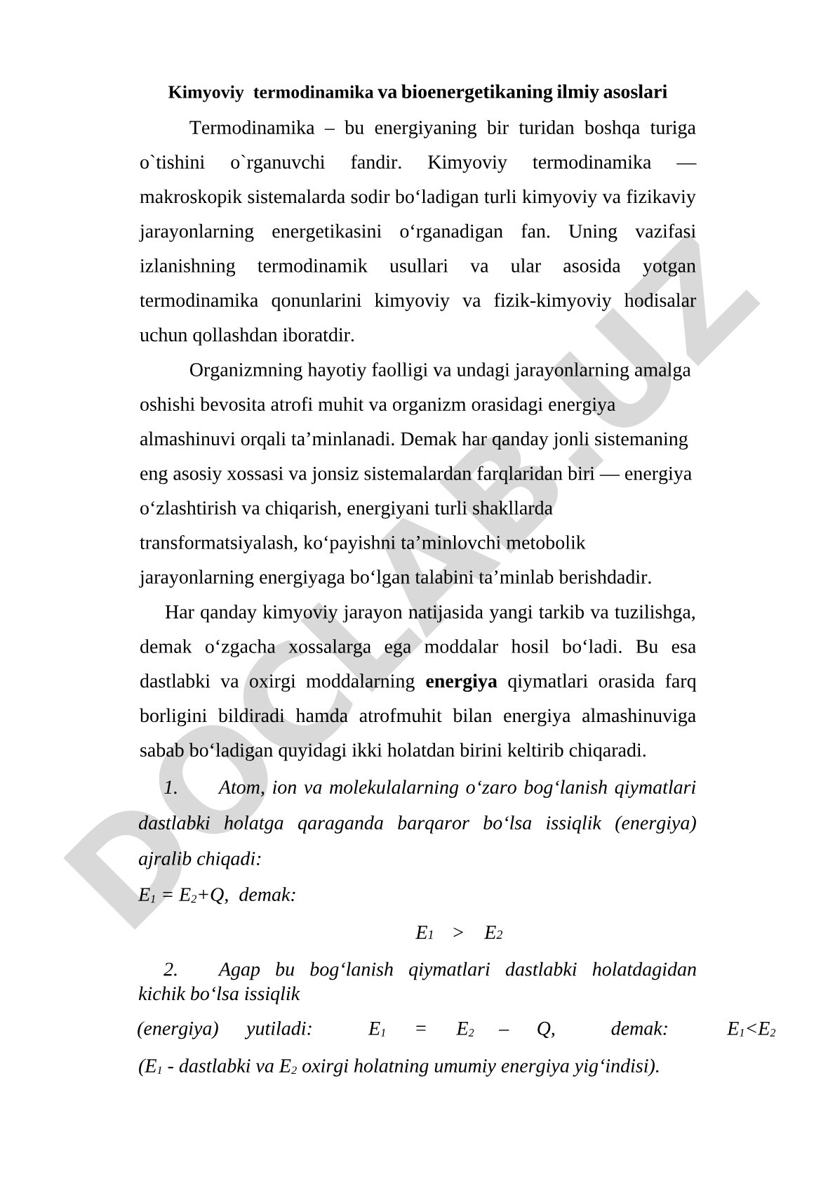 Kimyoviy termodinamika va bioenergetikaning ilmiy asoslari