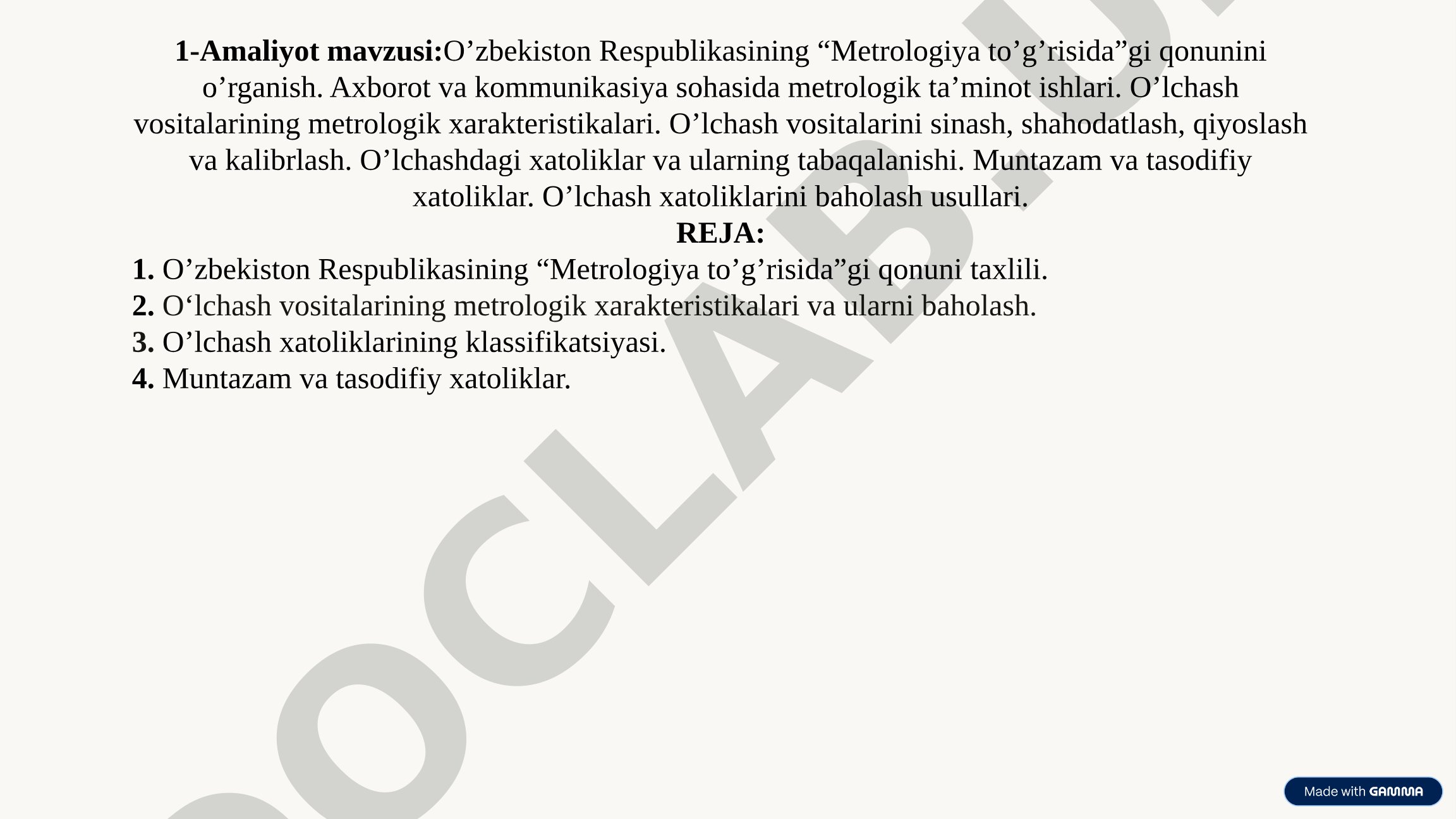 Metrologiya to‘g‘risidagi qonun va o‘lchash vositalari