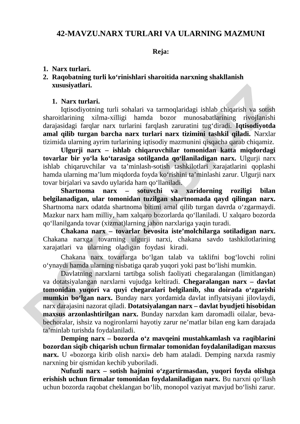 Narx turlari va ularning mazmuni