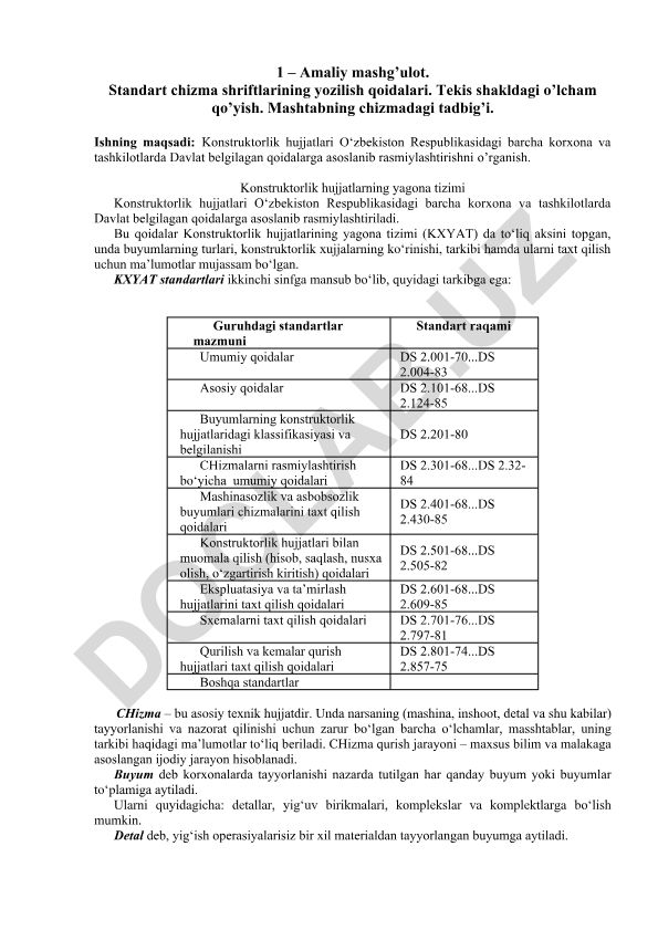 Standart chizma shriftlari va konstruktorlik hujjatlarini rasmiylashtirish