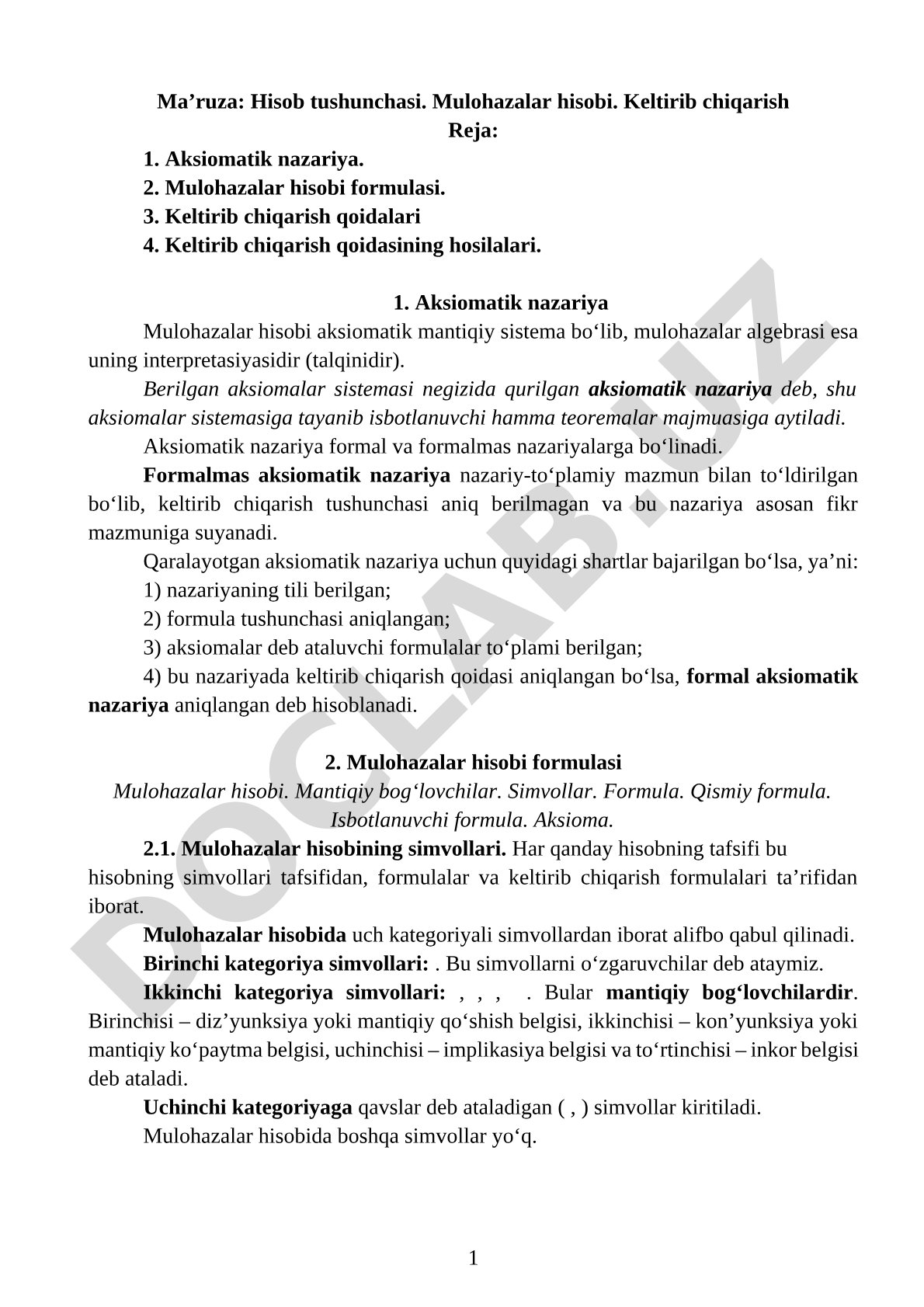 Hisob tushunchasi. Mulohazalar hisobi. Keltirib chiqarish