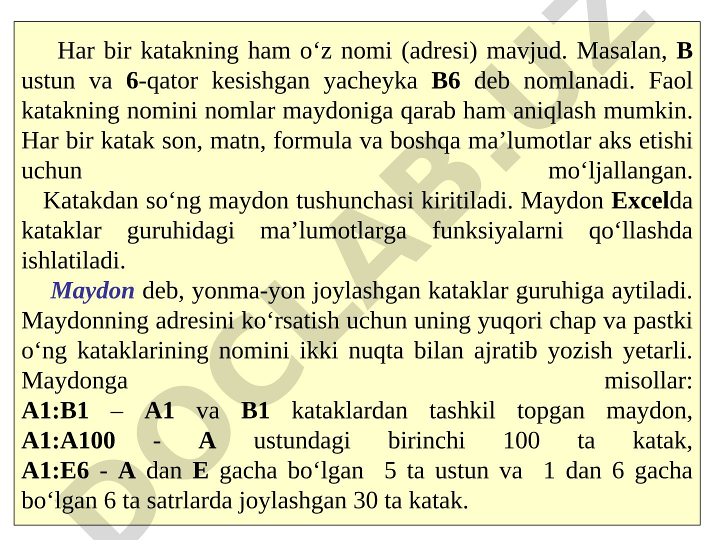Excelda kataklar, maydonlar va ma'lumotlar turlari