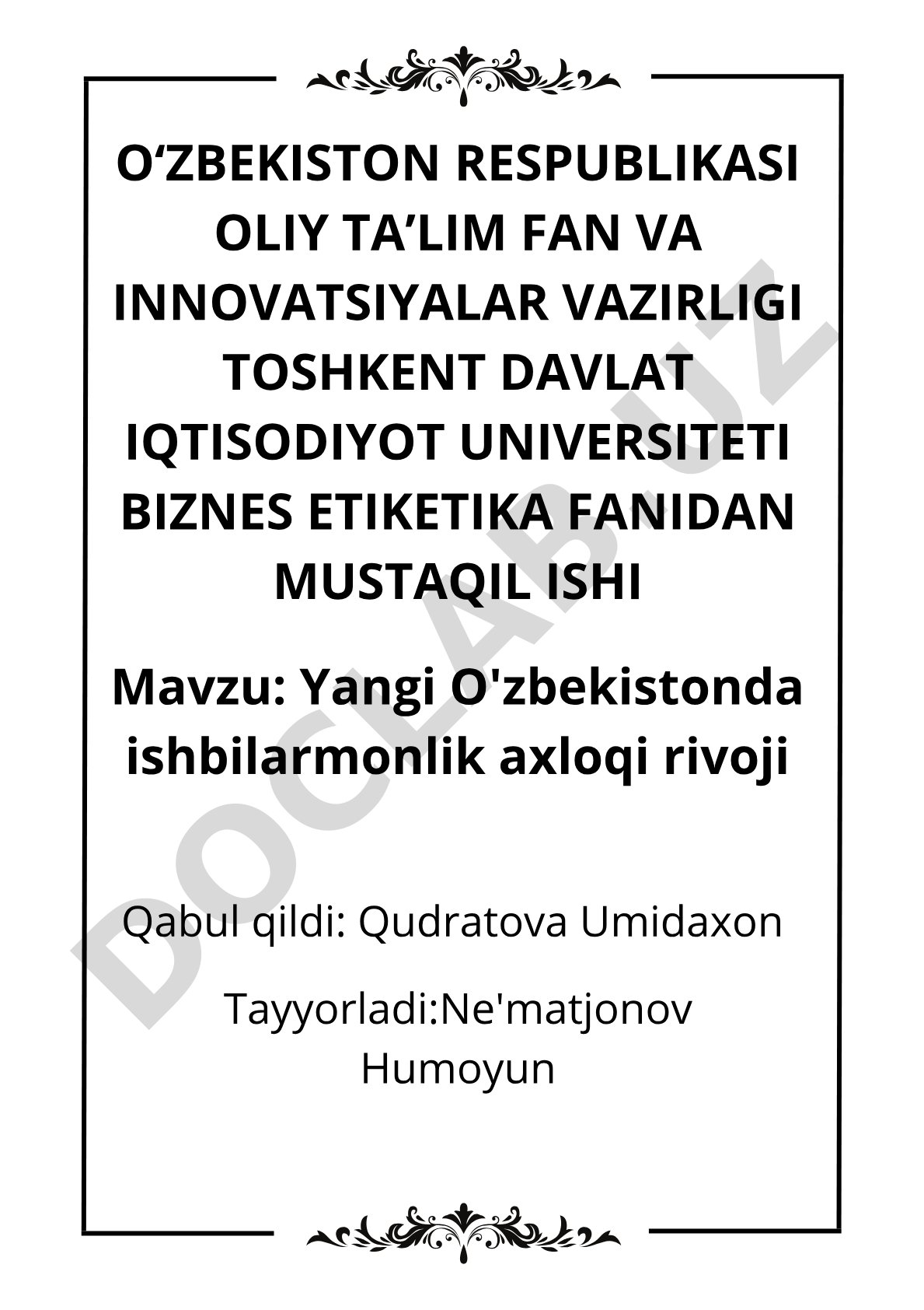 Yangi O'zbekistonda ishbilarmonlik axloqi rivoji