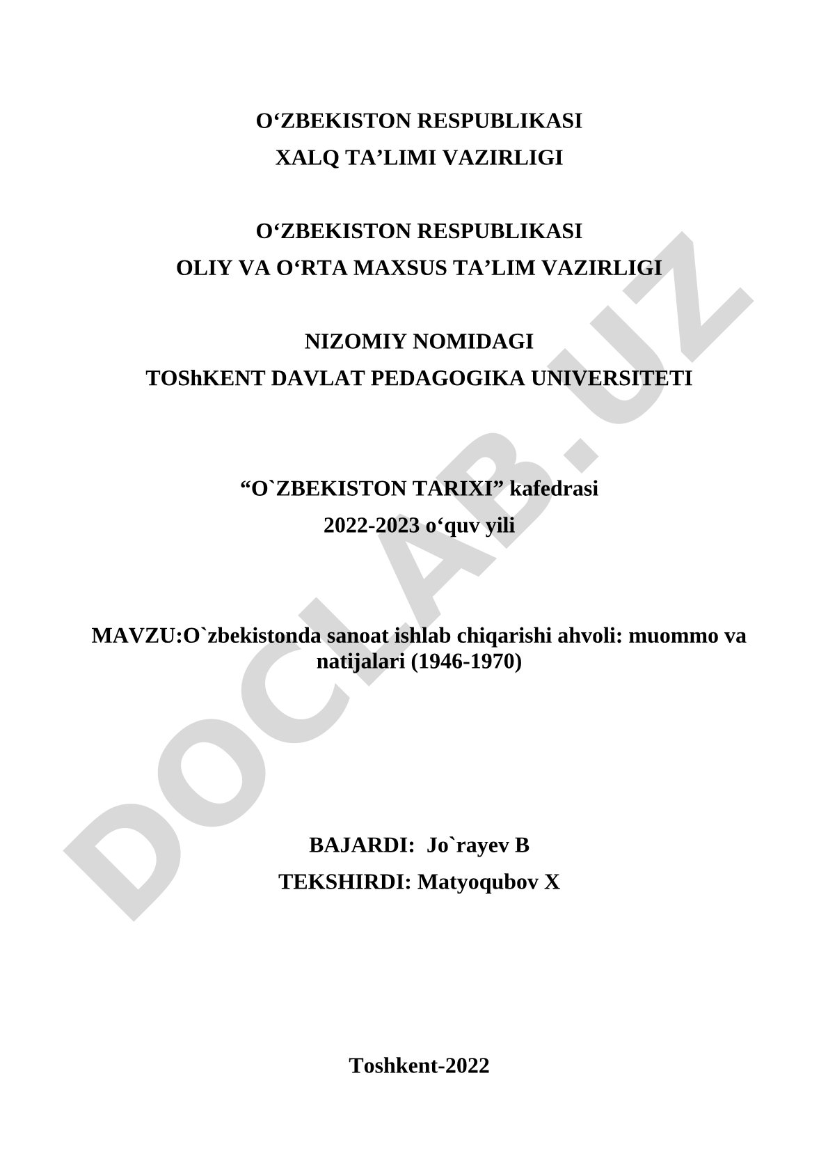 O`zbekistonda sanoat ishlab chiqarishi ahvoli: muommo va natijalari (1946-1970)
