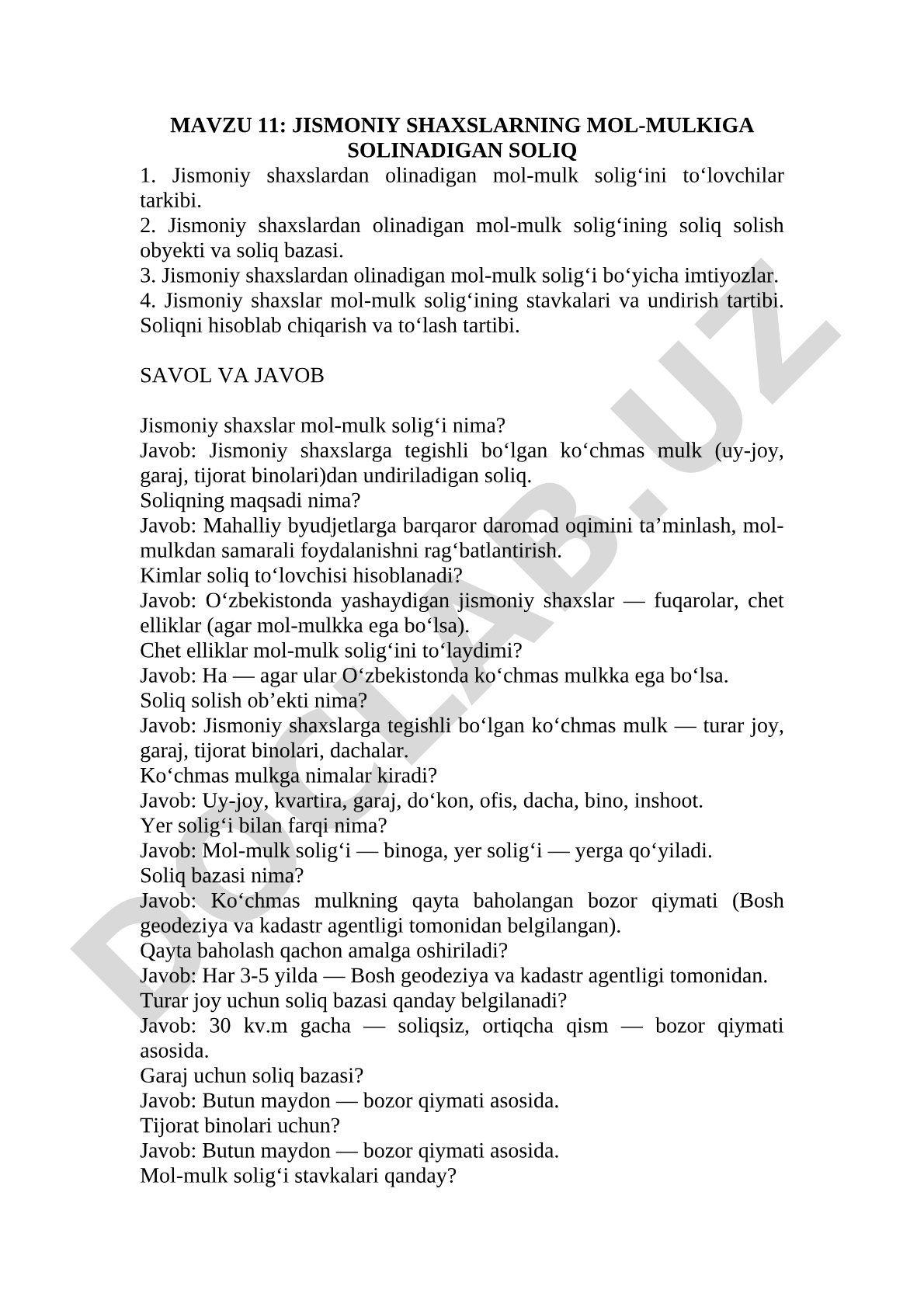 MAVZU 11: JISMONIY SHAXSLARNING MOL-MULKIGA SOLINADIGAN SOLIQ 1