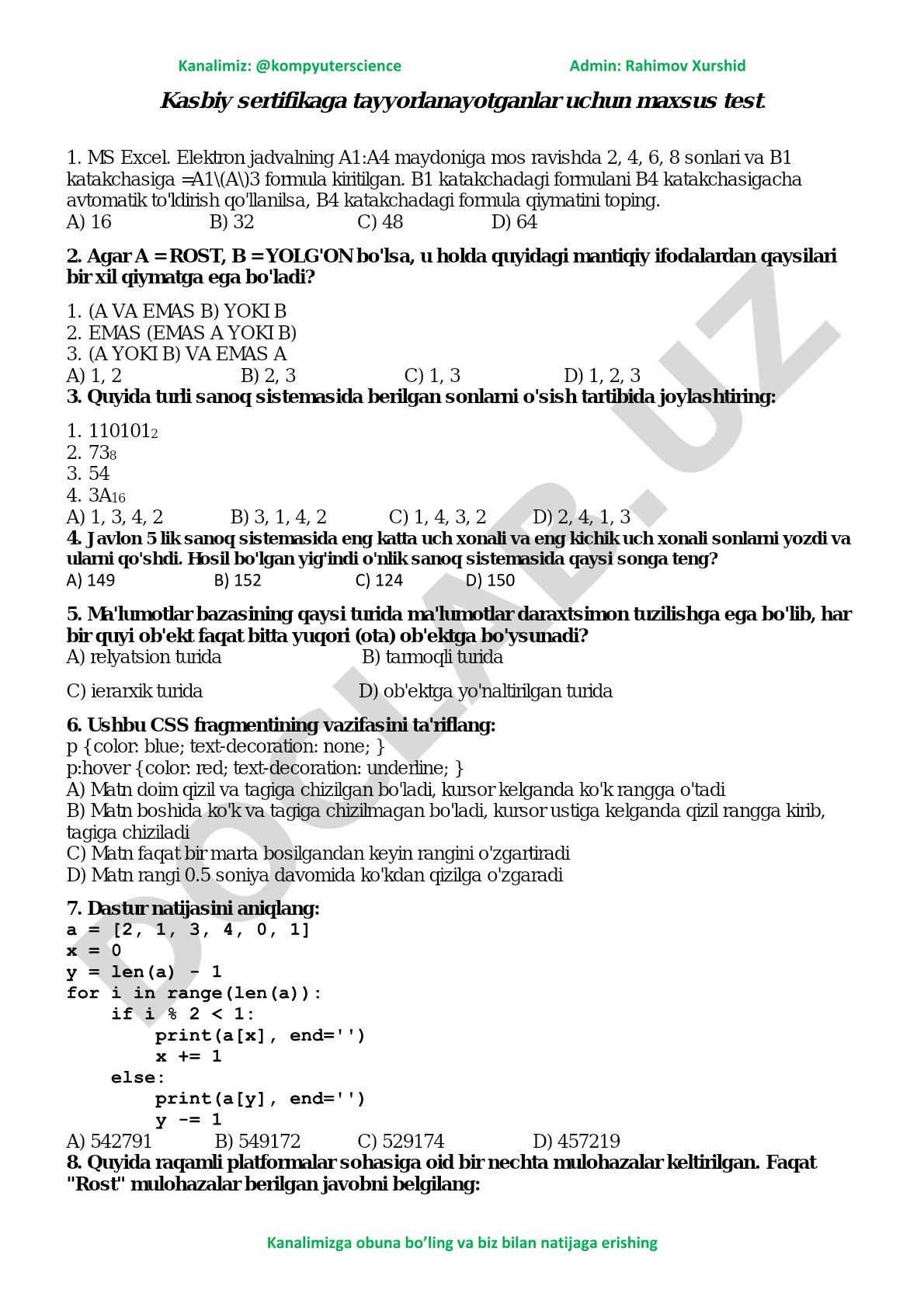 Informatika fanidan sertifikat test savollari