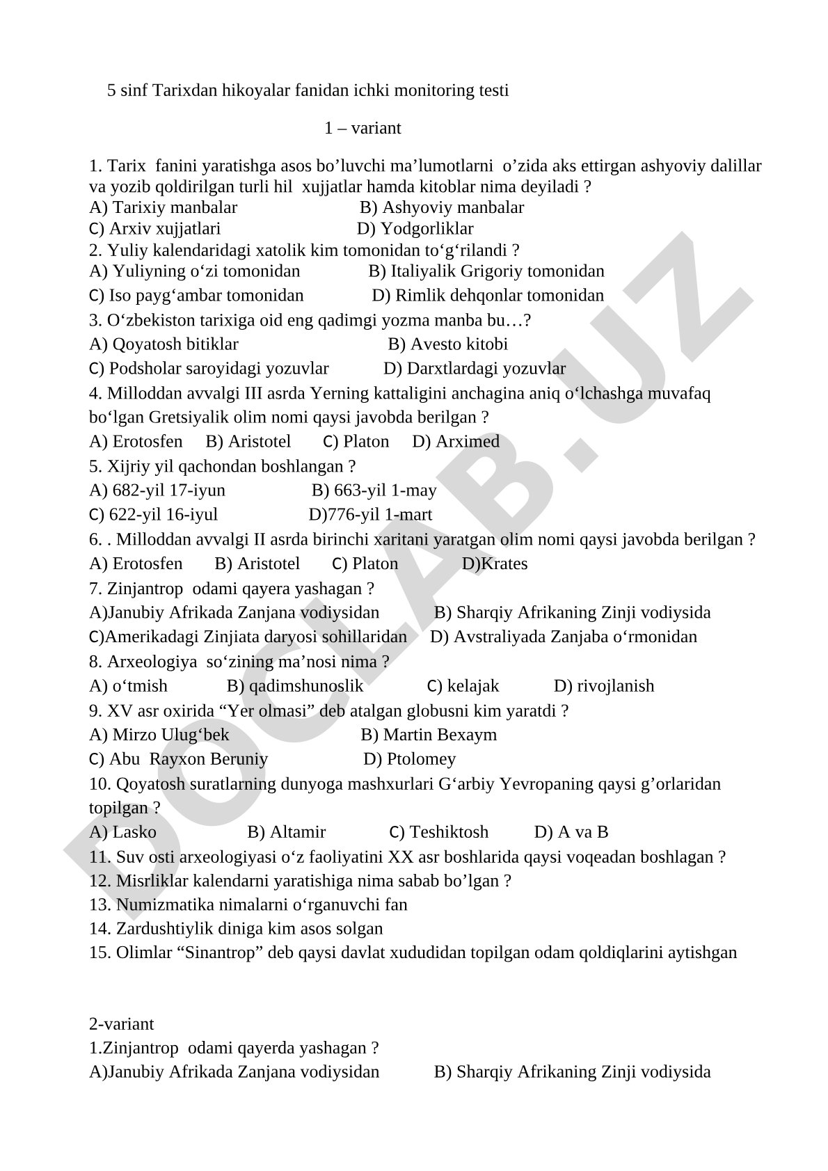 5 sinf Tarixdan hikoyalar fanidan ichki monitoring testi 1 – variant