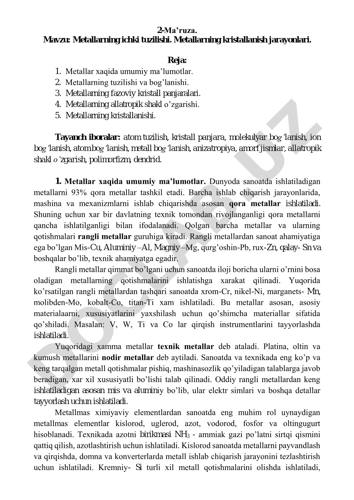 Metallarning tuzilishi, kristall panjaralari va kristallanish jarayonlari haqida ma'ruza