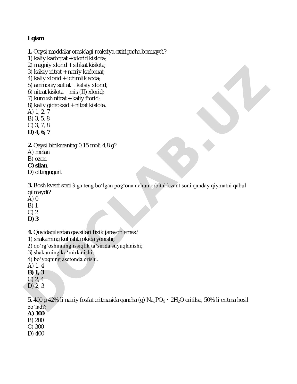 Kimyodan reaksiyalar va hisob-kitoblarga oid test savollari