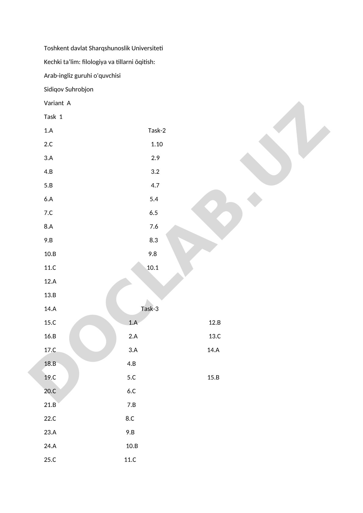 Arab-ingliz guruhi uchun Variant A test javoblari