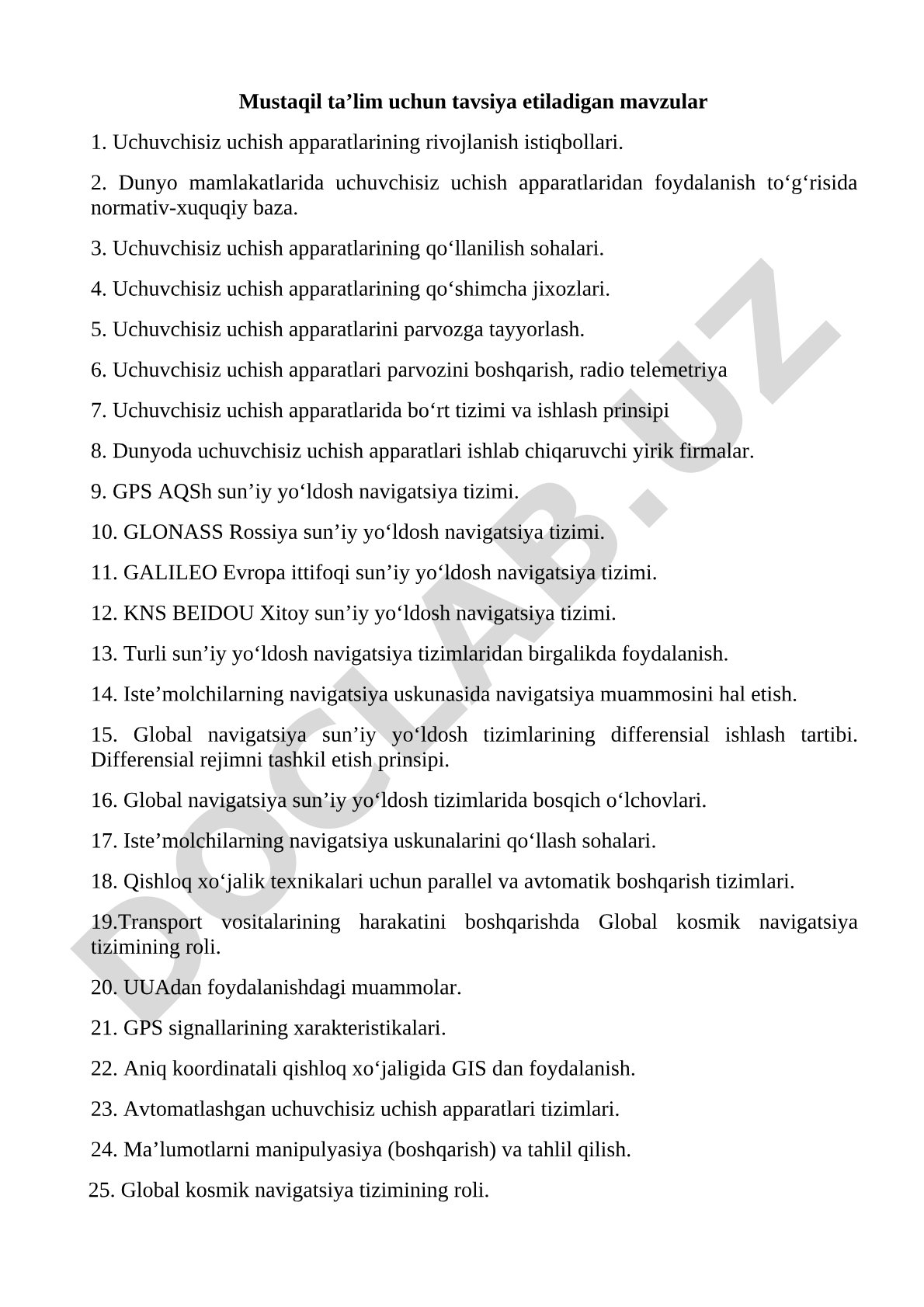 Uchuvchisiz uchish apparatlari bo'yicha mustaqil ta'lim mavzulari