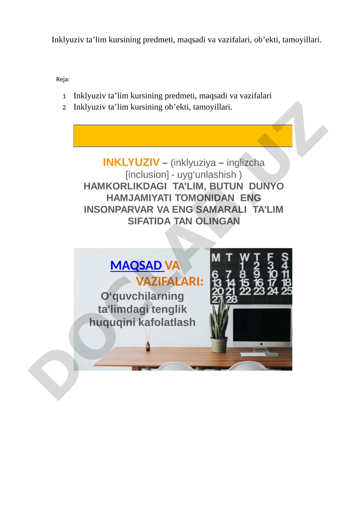 Inklyuziv ta'lim kursining predmeti, maqsadi va vazifalari, ob'ekti, tamoyillari