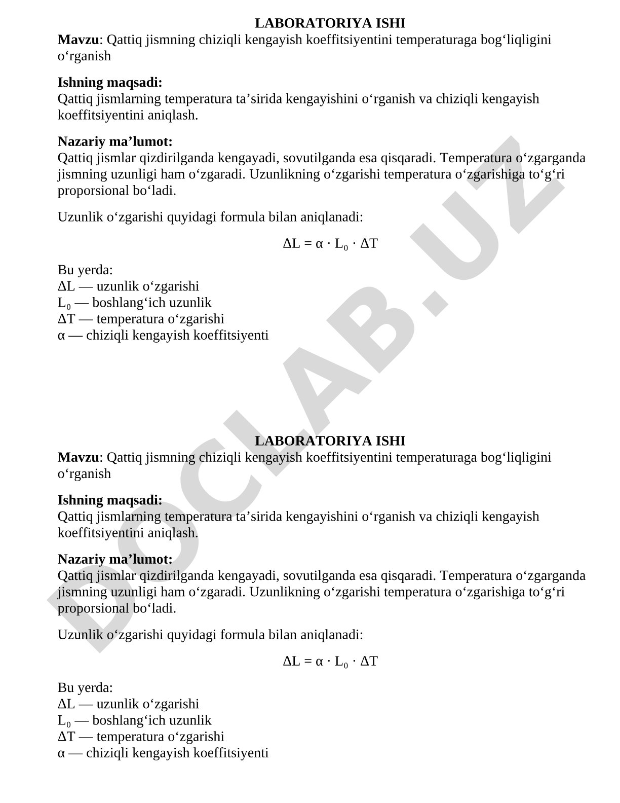 Qattiq jismning chiziqli kengayish koeffitsiyentini temperaturaga bog‘liqligini o‘rganish