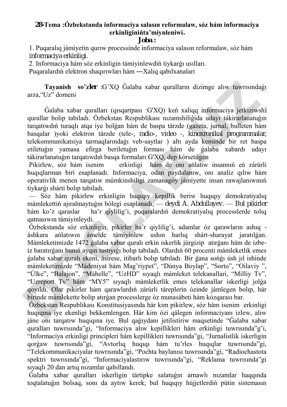 Ózbekstanda informaciya salasın reformalaw, sóz hám informaciya erkinliginiń támiynleniwi