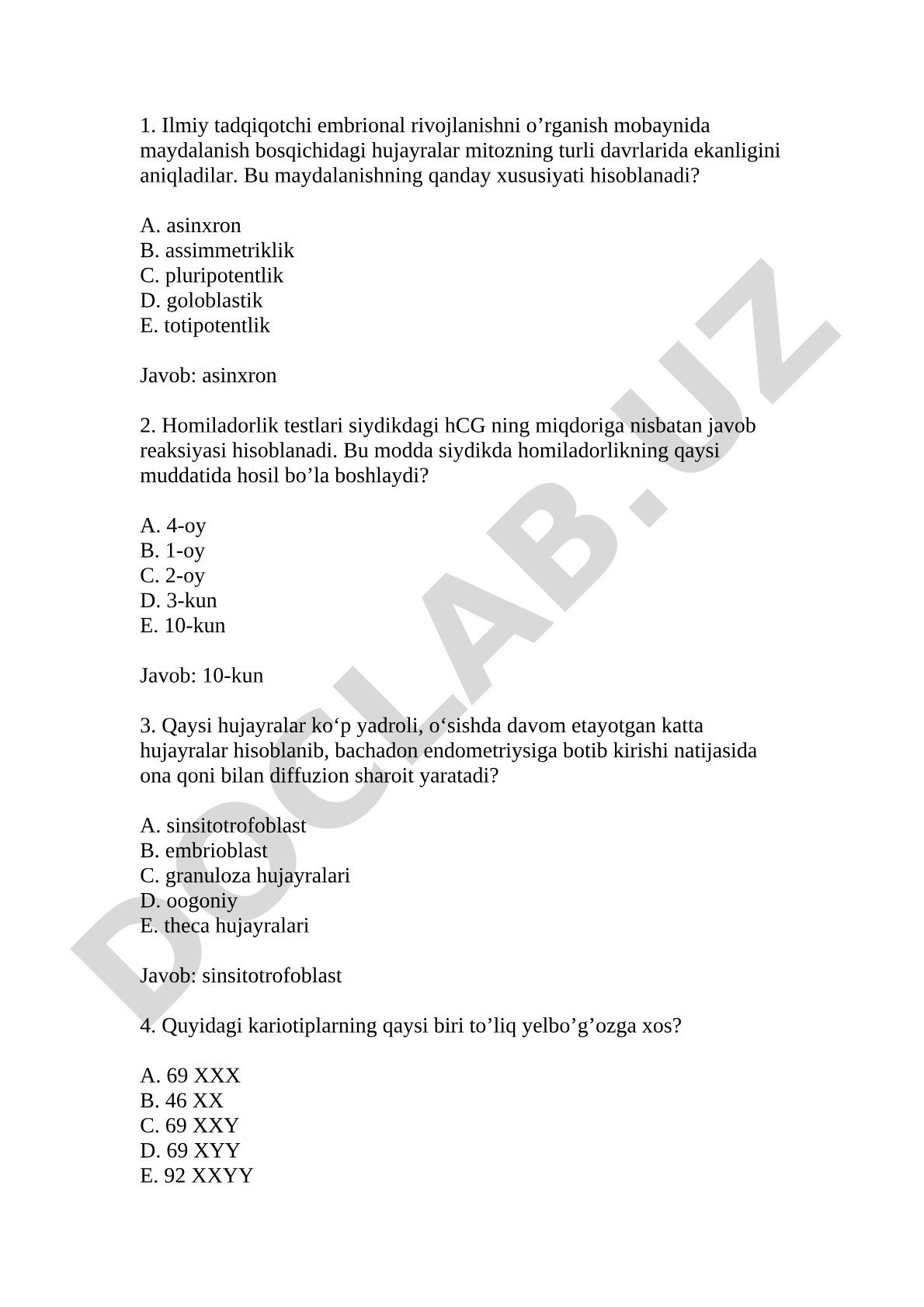 Embrional rivojlanishga oid test savollari