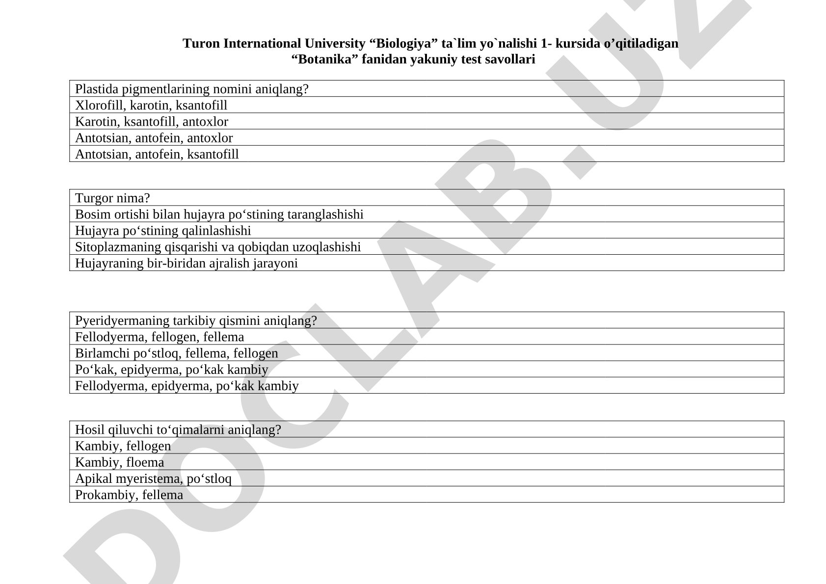 Botanika fanidan yakuniy test savollari