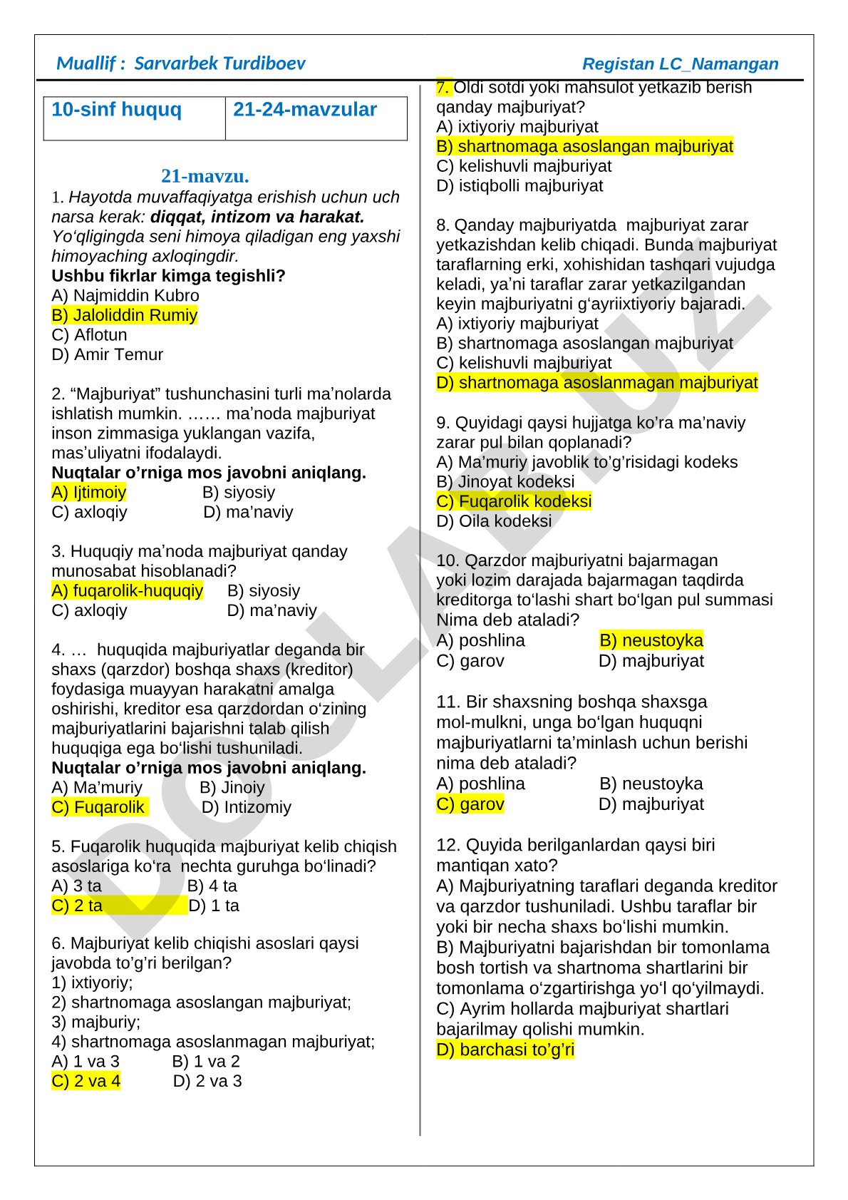 10-sinf huquq 21-24-mavzular