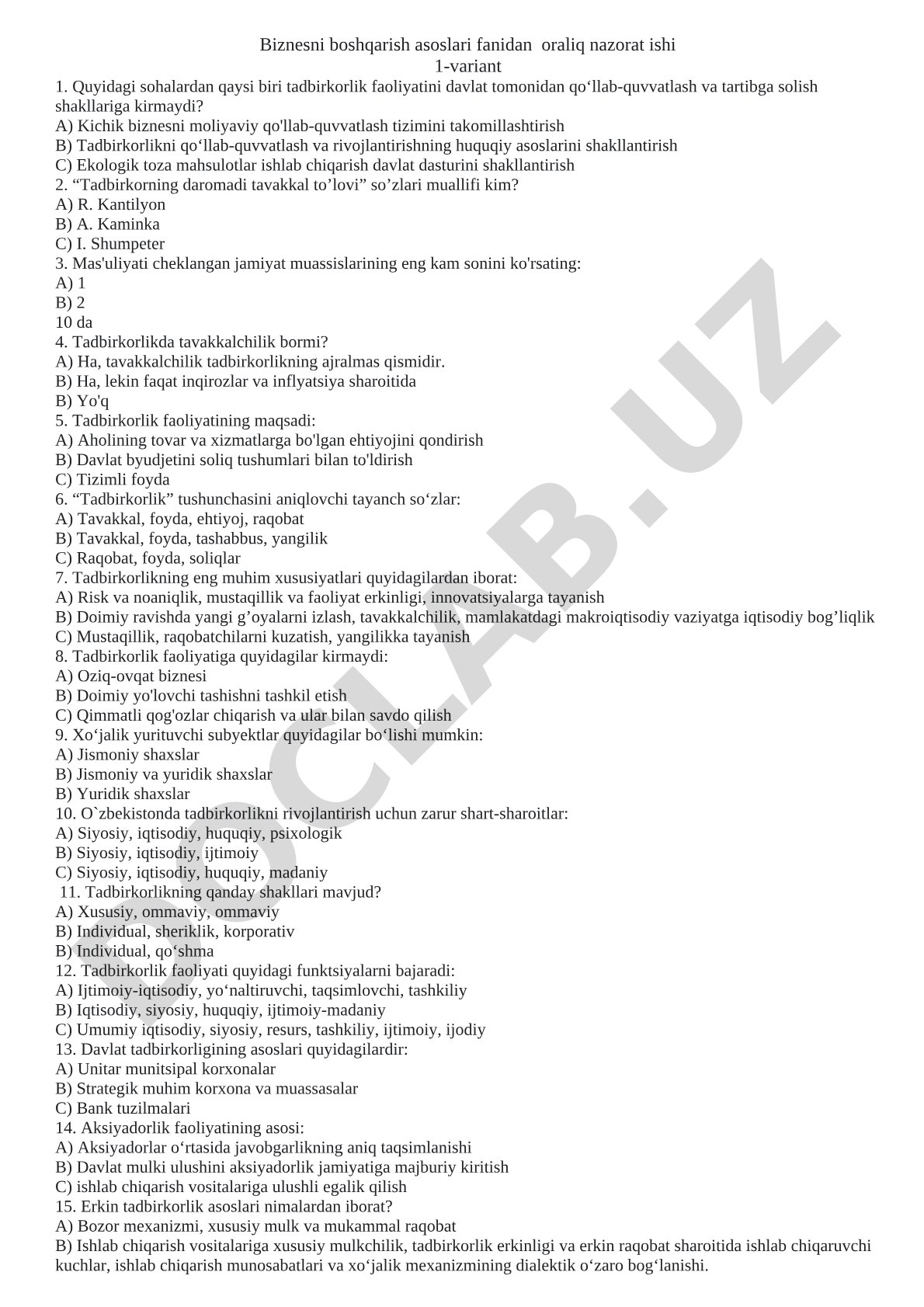 Biznesni boshqarish asoslari fanidan oraliq nazorat savollari