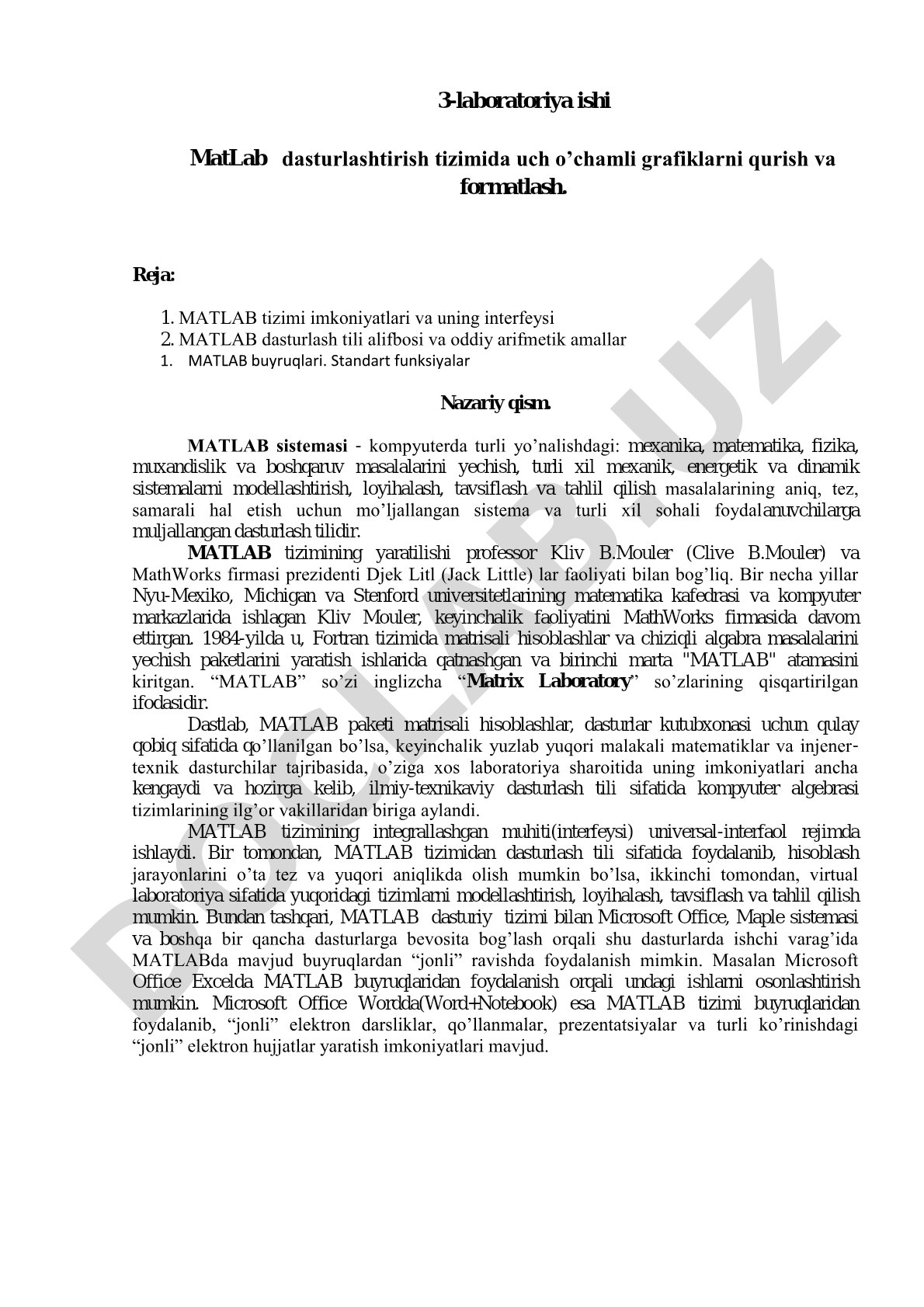 MatLab dasturlashtirish tizimida uch o’chamli grafiklarni qurish va formatlash