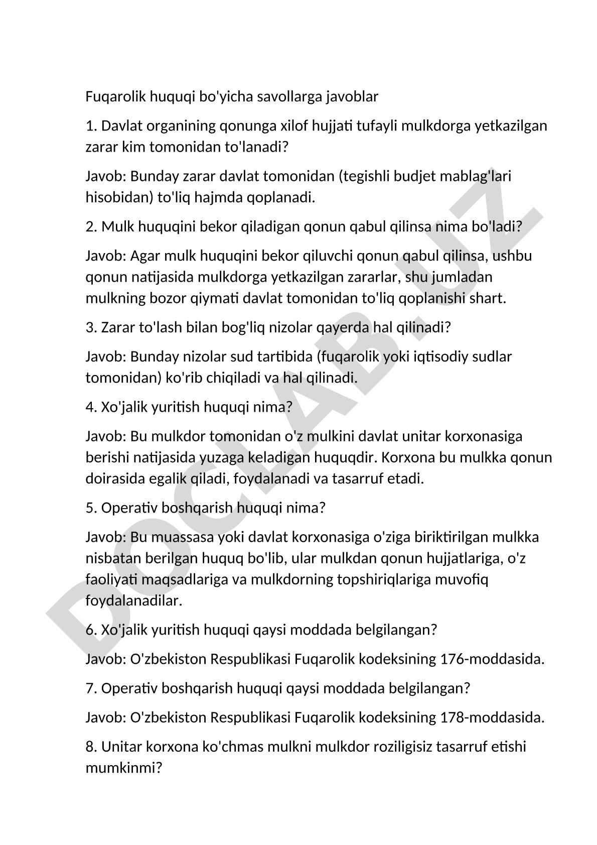 Fuqarolik huquqi bo'yicha savollarga javoblar